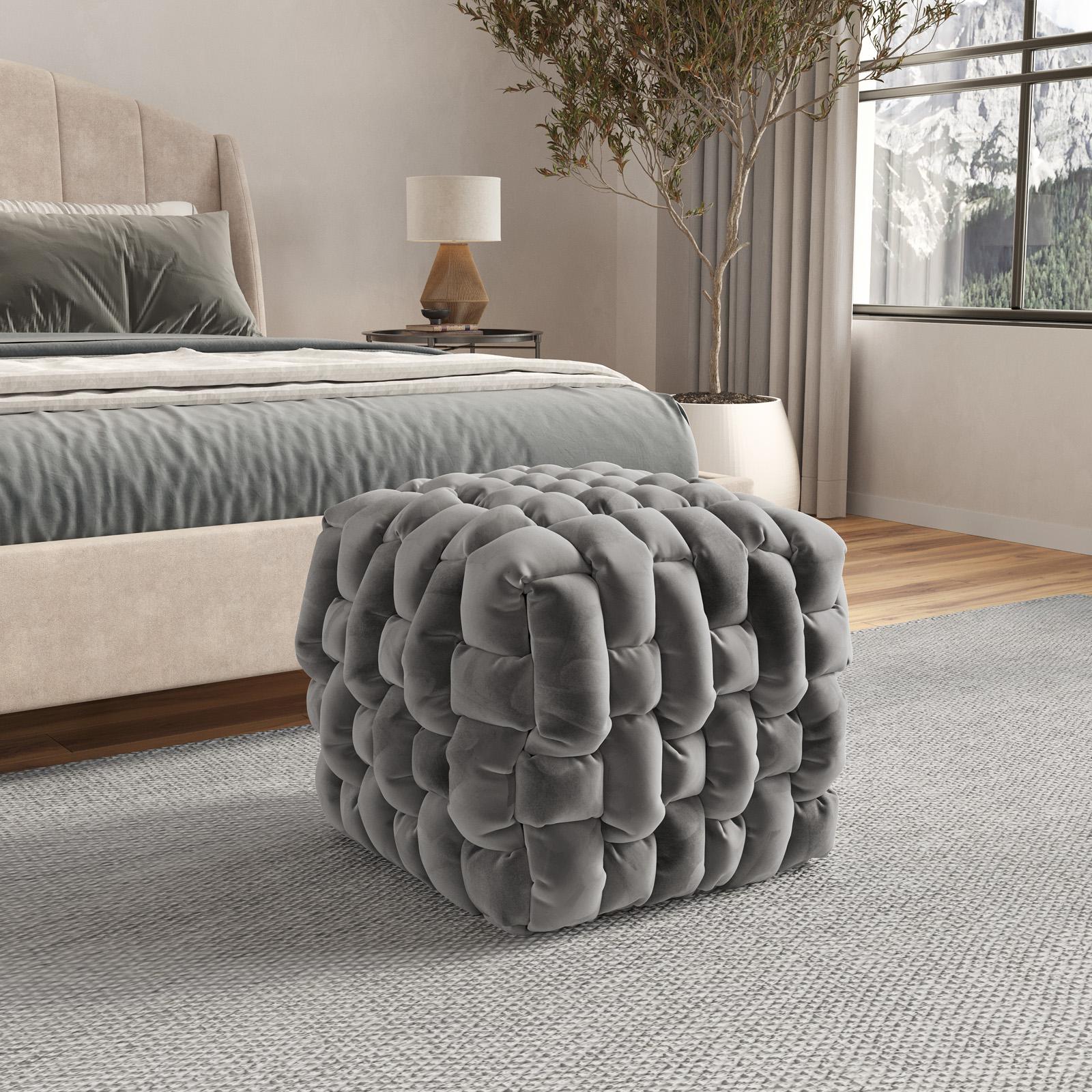 Pouf 50x50 cm in velluto intrecciato grigio argento Antille