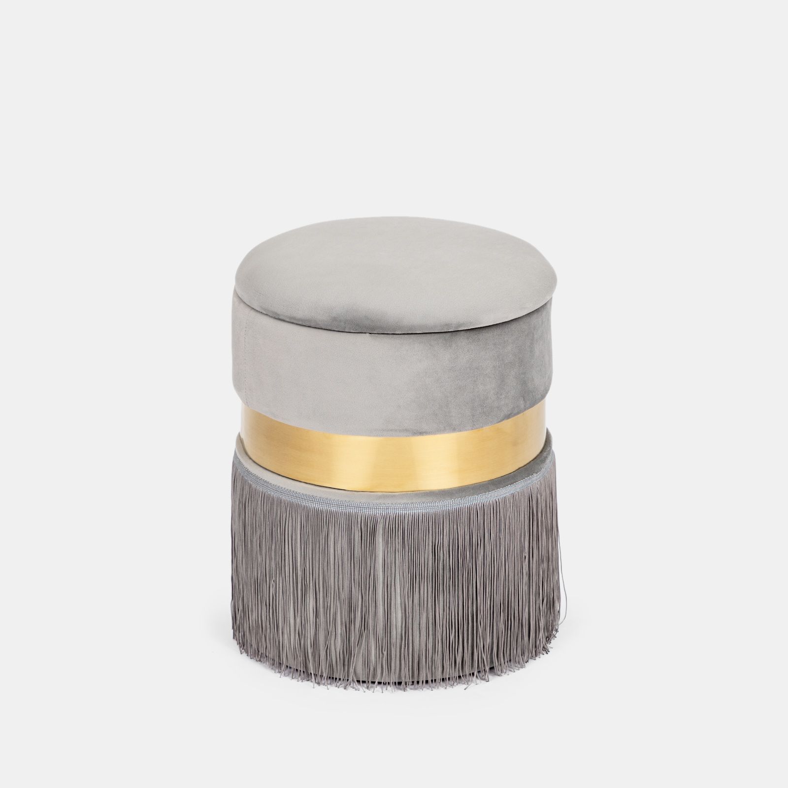 Pouf contenitore 33 cm in velluto grigio con anello centrale dorato - Elysa