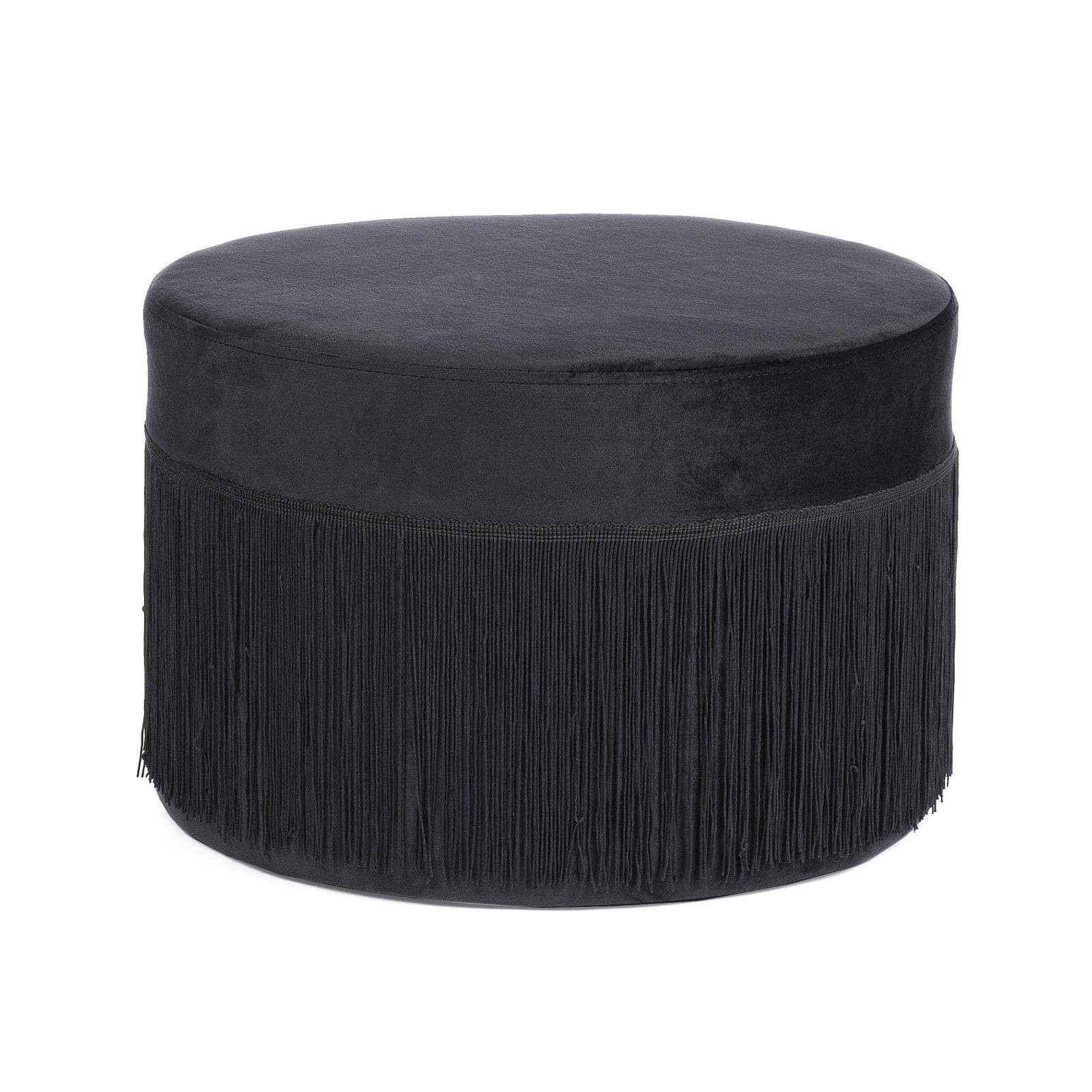 Pouf imbottito rivestimento velluto nero Ø45 cm con frange