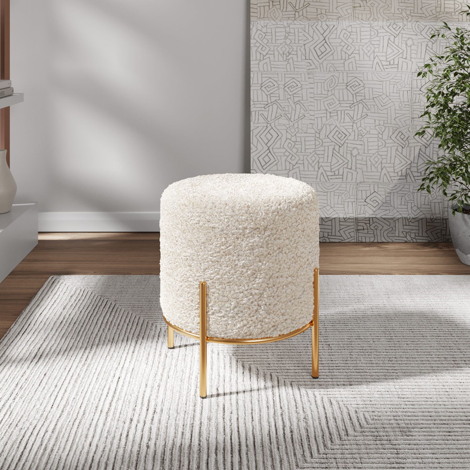 Pouf contenitore 37 cm in tessuto teddy bianco con base in legno