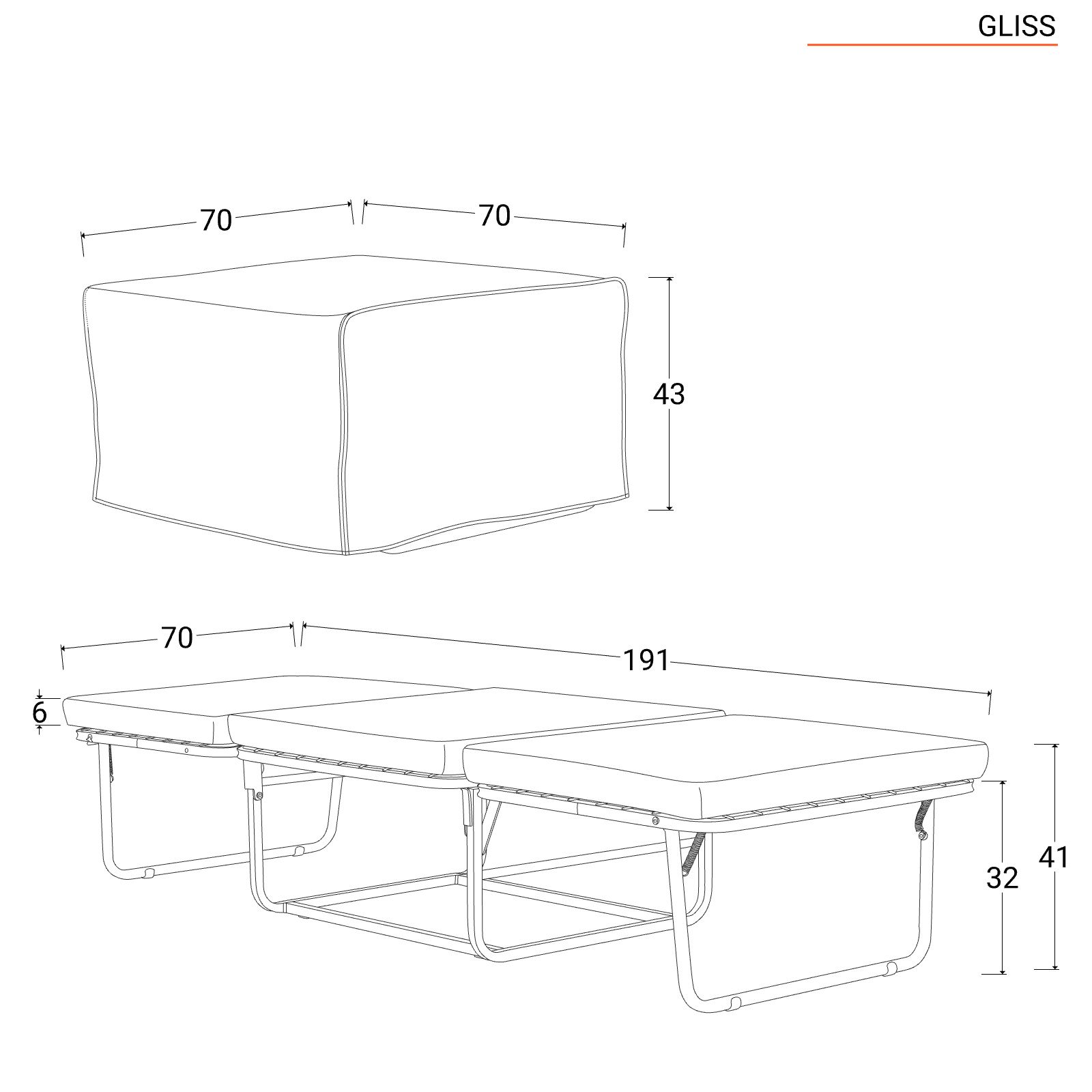 Pouf letto singolo con materasso 75X75X43 cm salvaspazio