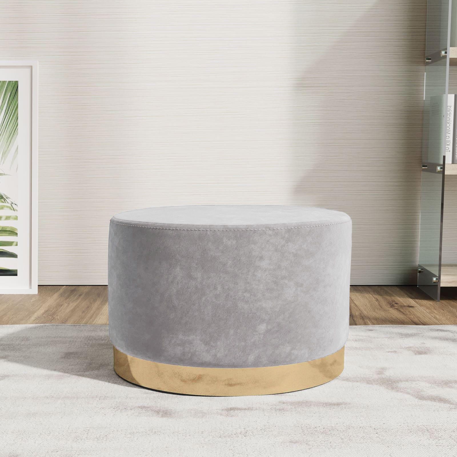 Pouf rotondo 54 cm in velluto grigio con anello dorato - Isolda