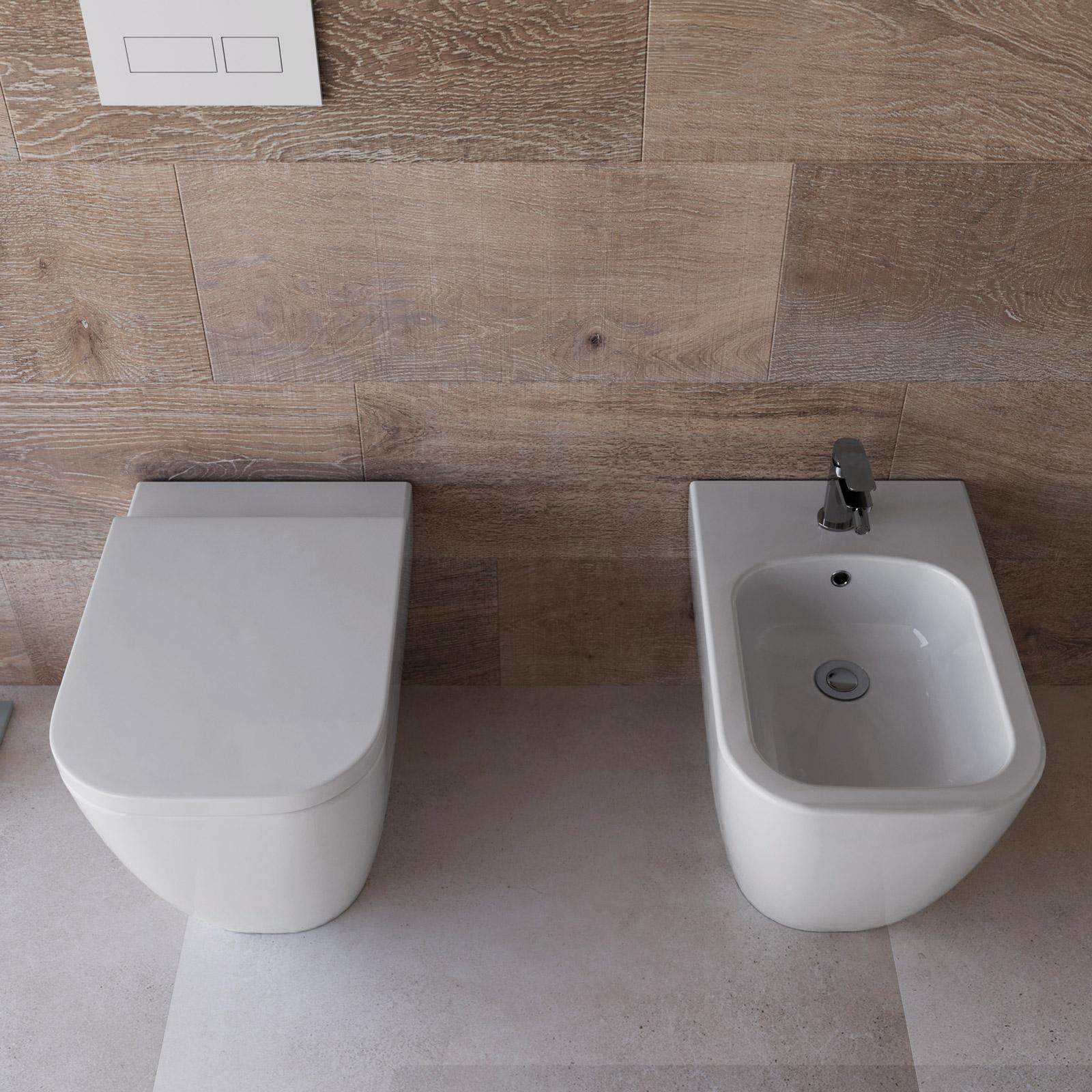 Sanitari filomuro in ceramica con sedile avvolgente soft-close