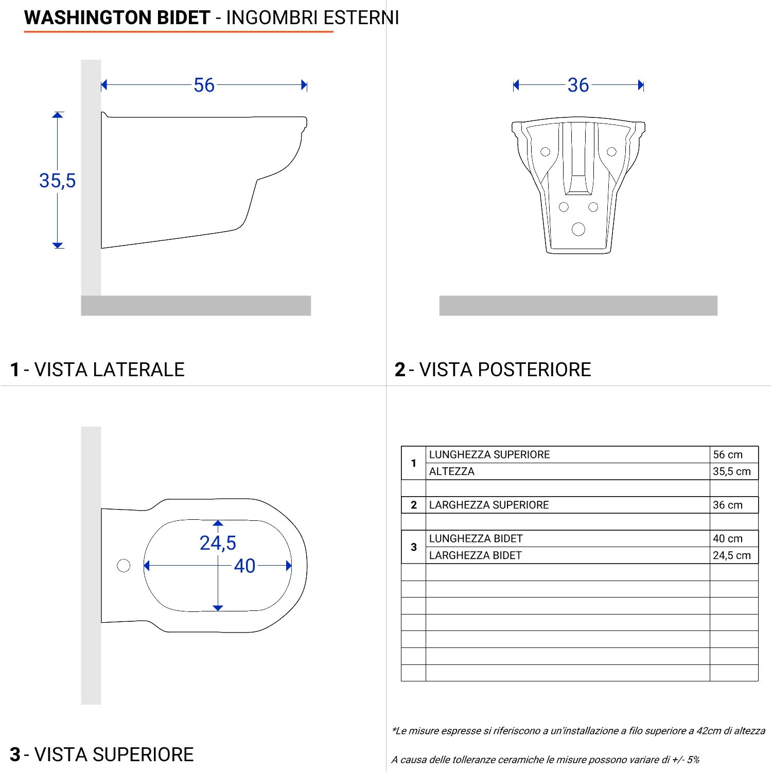 Sanitari con cassetta di scarico bidet monoforo e sedile bianco - Washington