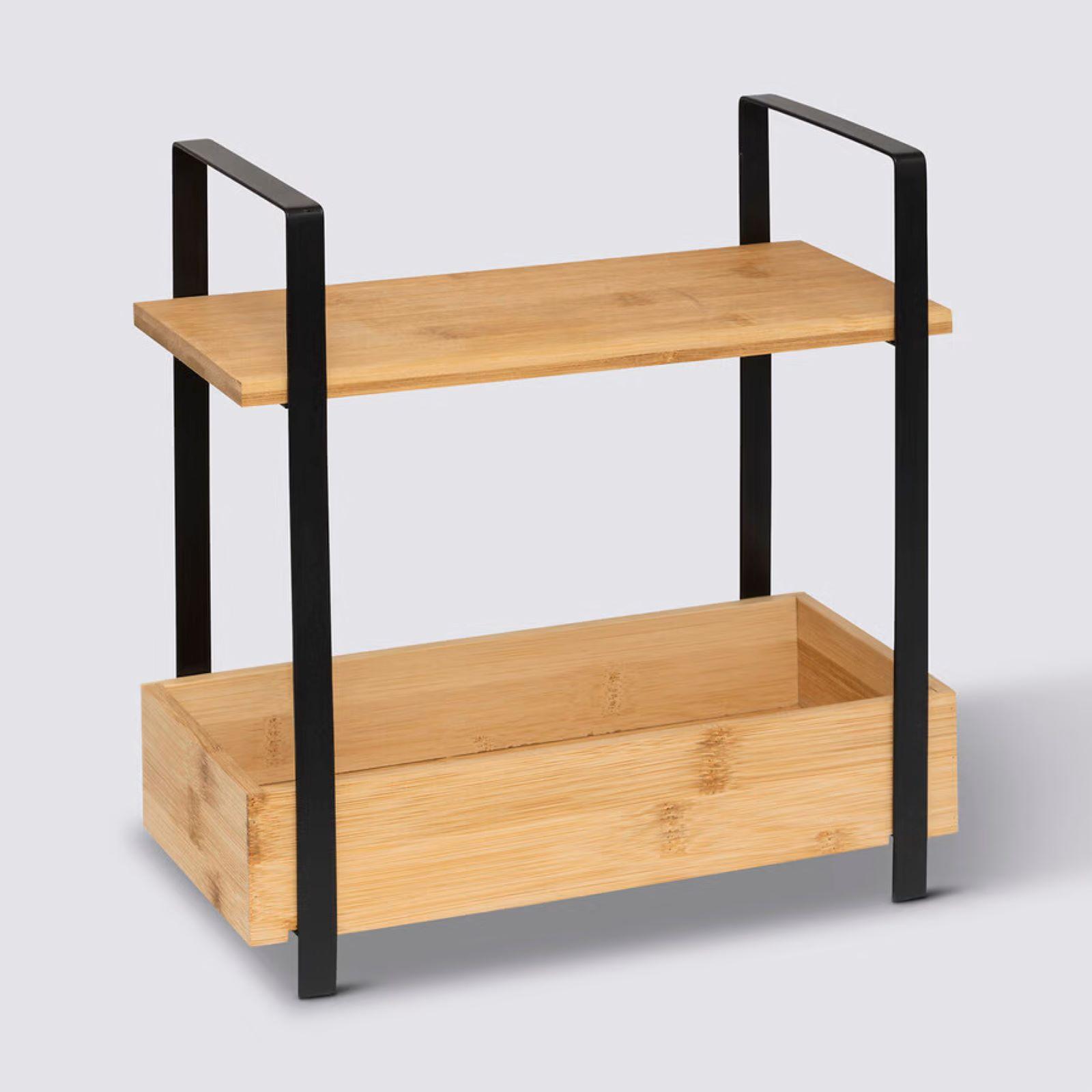 Organizer Angolare 2 Ripiani In Legno E Metallo, Stile Rustico. Regolabile, Per Spezie, Libri, Decorazioni. Dimensioni 62x18x29 Cm. Salvaspazio Cucina, Bagno. - 2