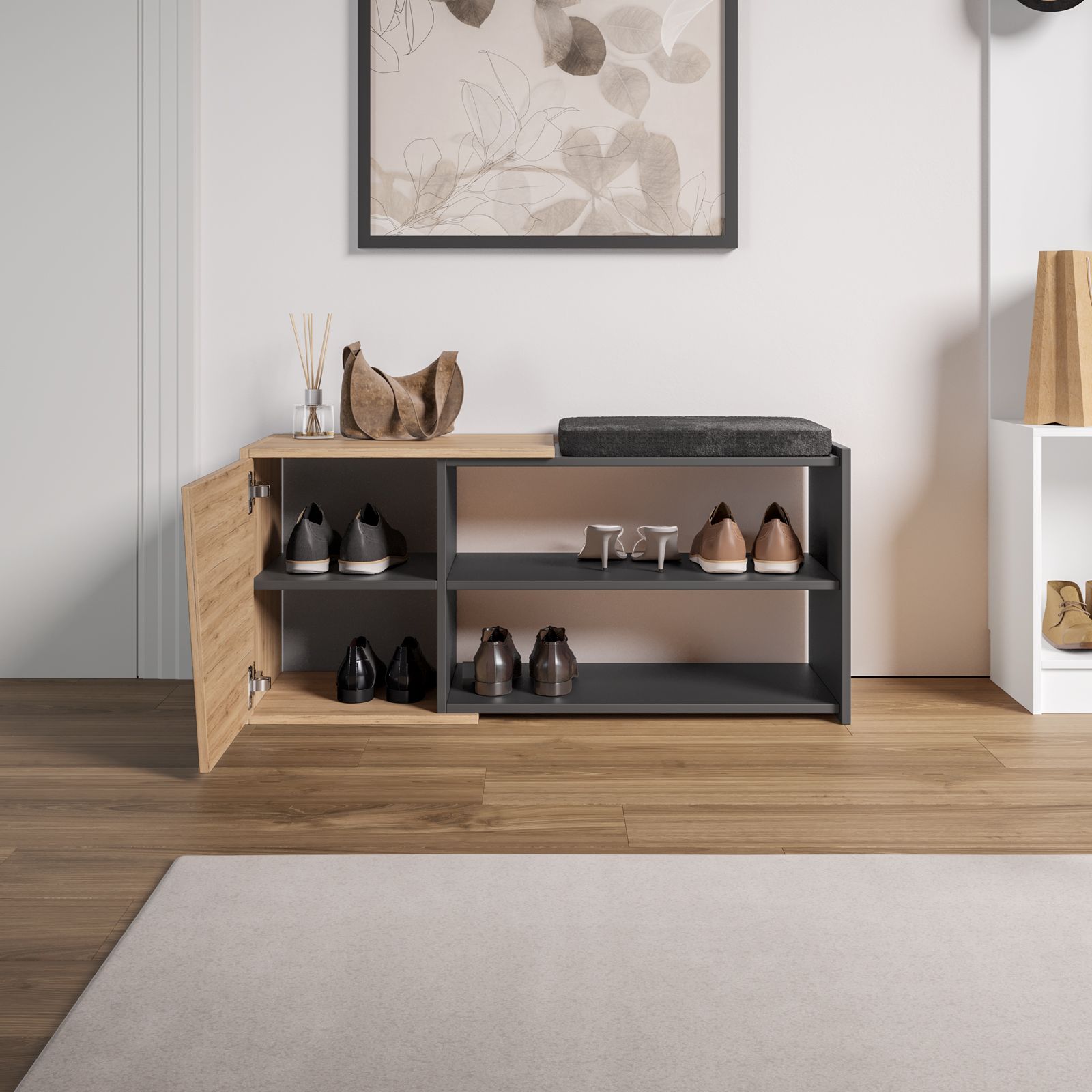 Scarpiera In Legno Con 10 Scomparti E Panchina | 104x30x48cm | Carico 150kg | Marrone/Nero - Foto 9