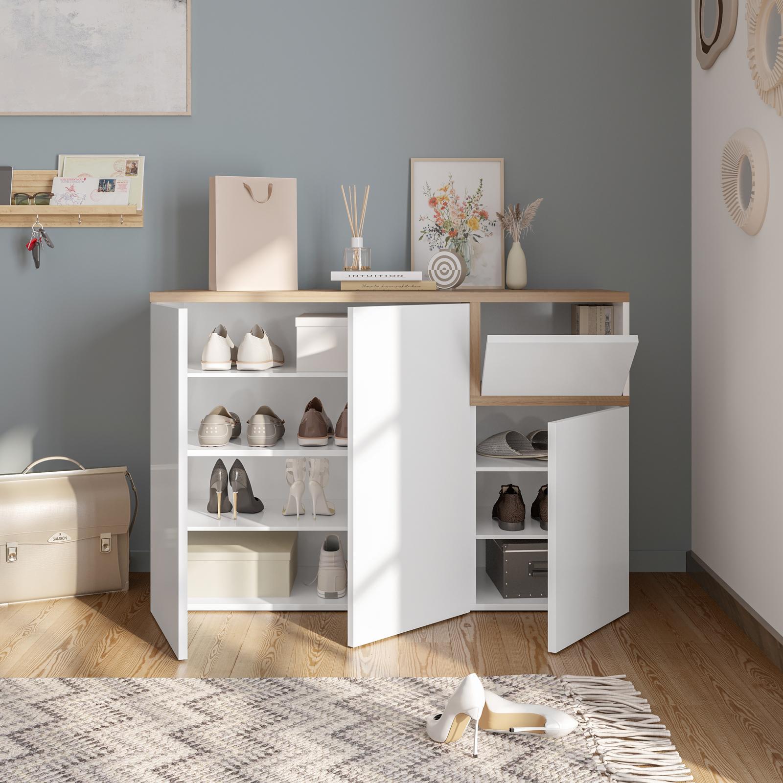 SIRHONA Scarpiera A 3 Ante Ribaltabili 63x30x120 Cm - In Legno, Capacità 27 Paia, Con Divisori Rimovibili, Per Ingresso E Corridoio, Bianco