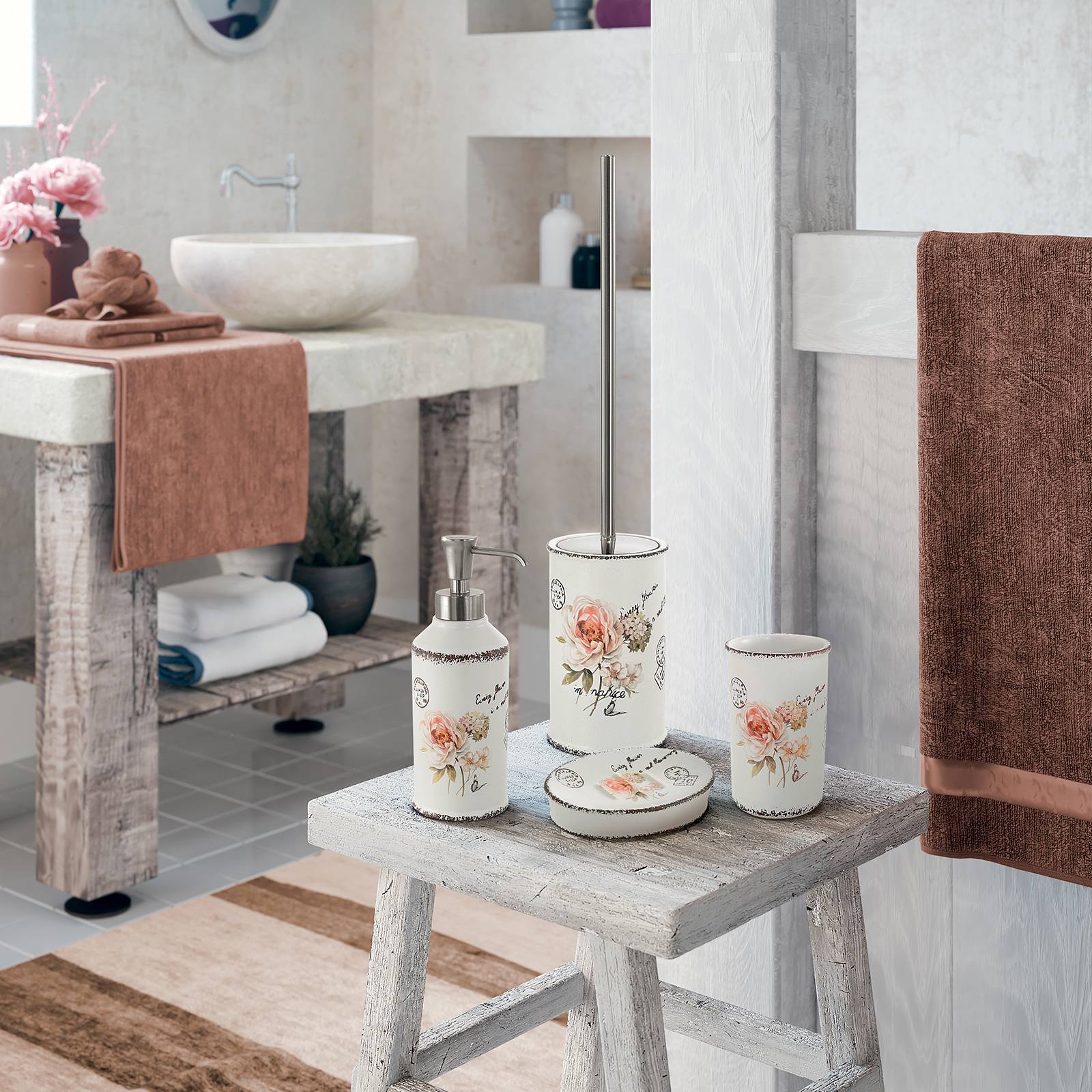Scopino wc con porta scopino in ceramica Gedy con motivi floreali