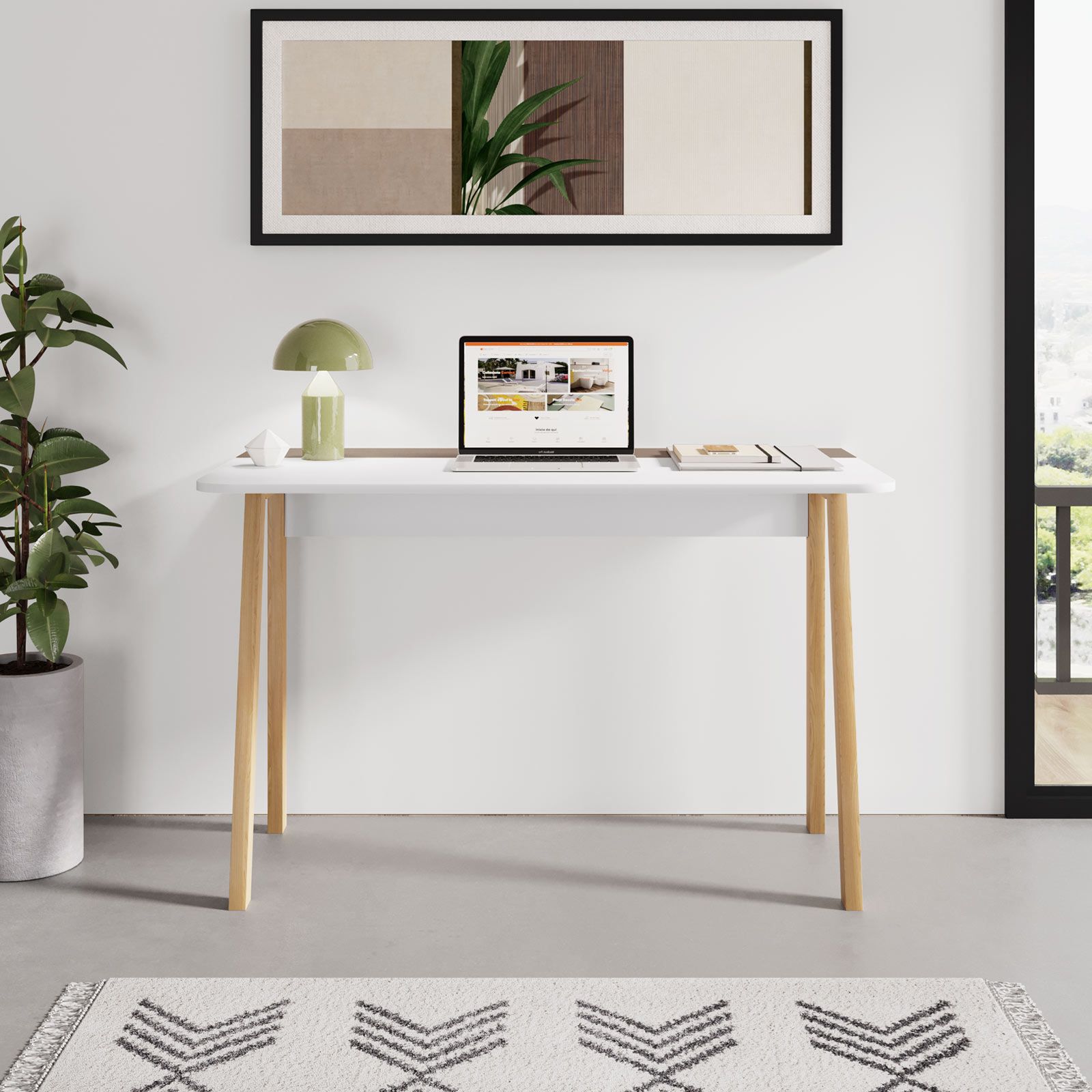 Scrivania 120x60 cm piano in legno bianco e tortora con gambe in