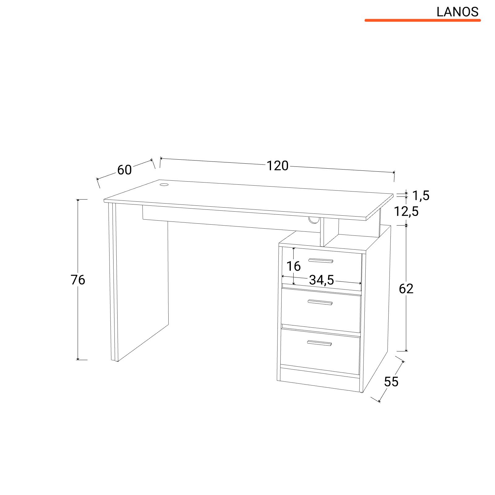 Scrivania 120x76h con con cassettiera in legno bianco e passacavi - Lanos