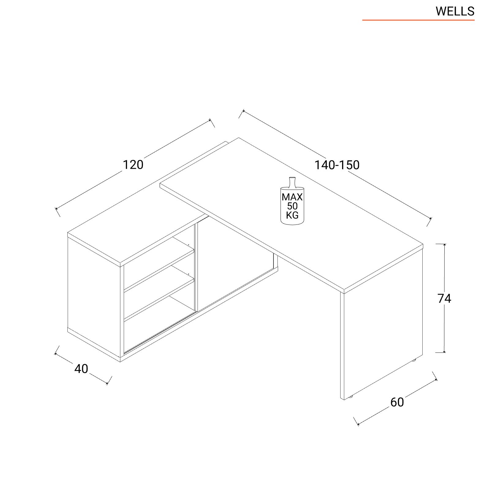 Scrivania reversibile 150x120 cm in legno bianco lucido con mobile