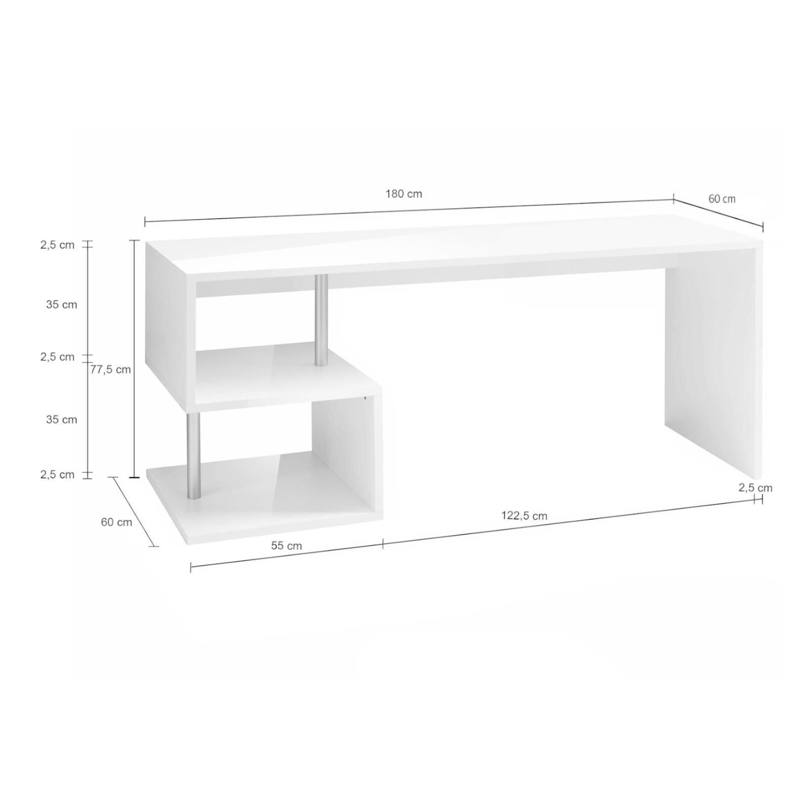 Scrivania 180x60 cm in legno bianco lucido con struttura ad S e