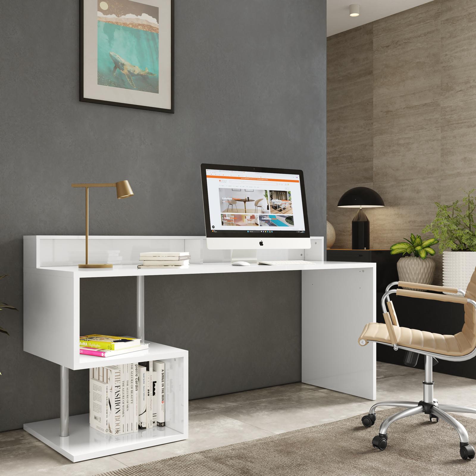 Scrivania 180x60 cm in legno bianco lucido con struttura ad S vani