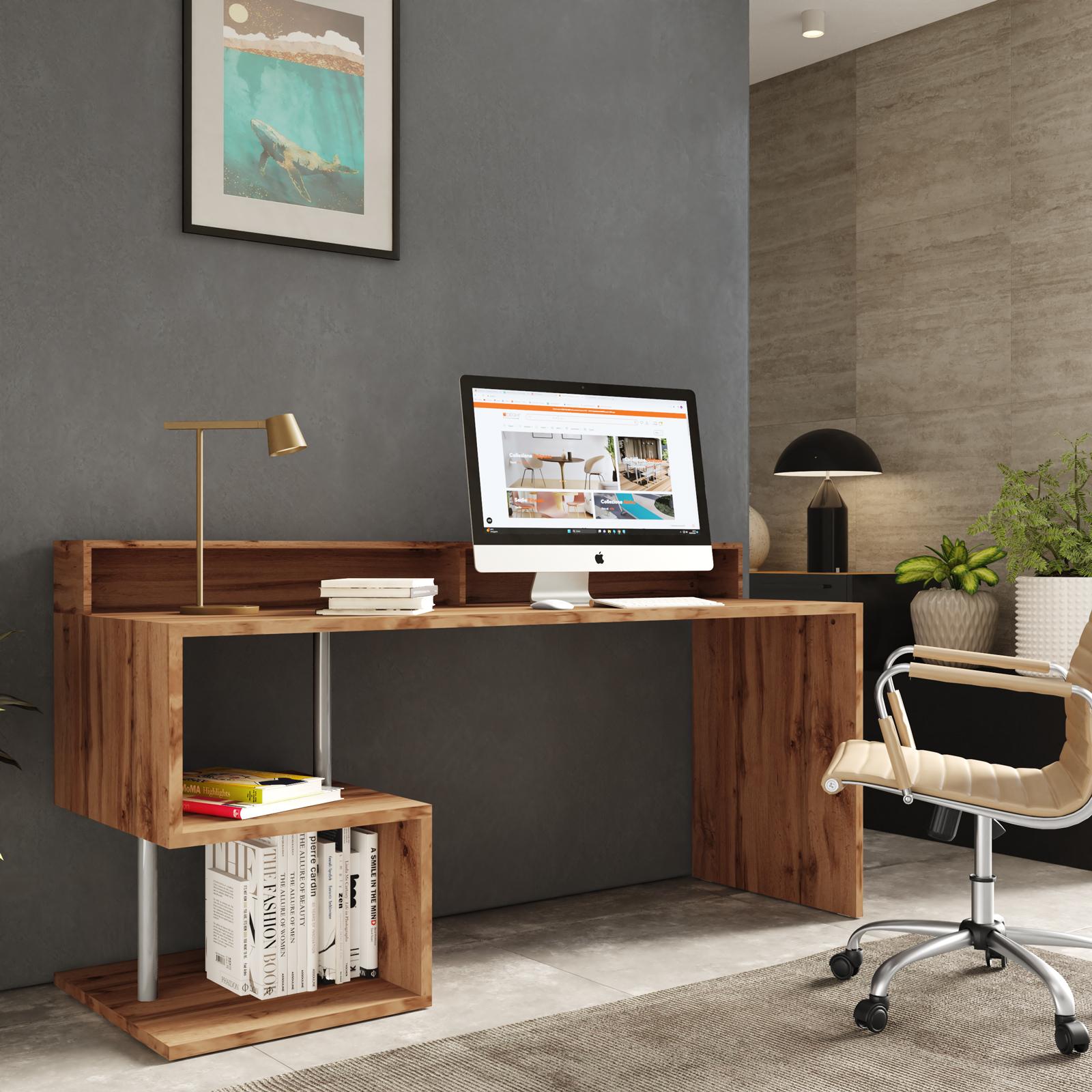 Scrivania 180x60 cm in legno rovere wotan con struttura ad S vani