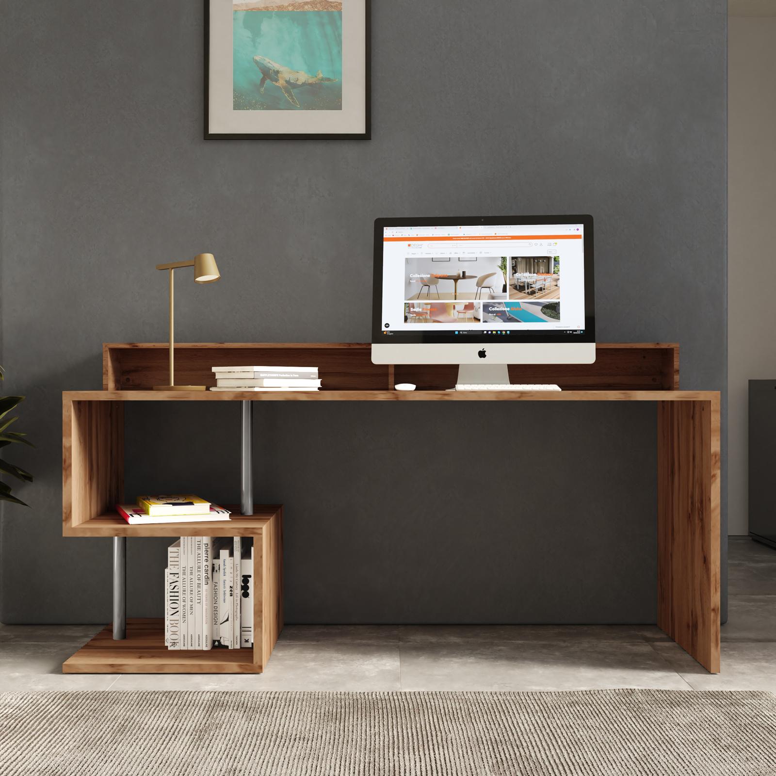 Scrivania 180x60 cm in legno rovere wotan con struttura ad S vani