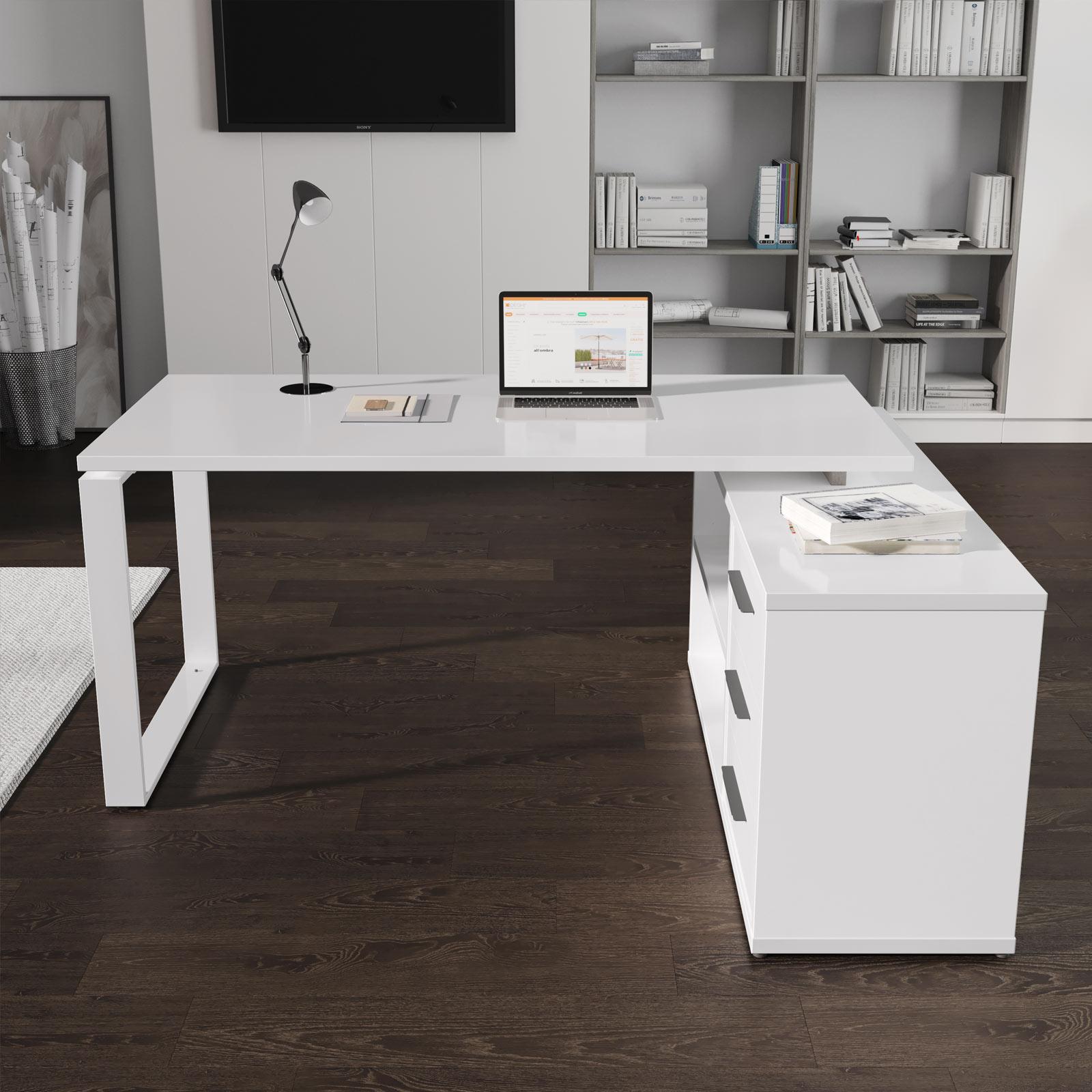 Scrivania Angolare A L Lufeiya 140 Cm Con Cassetti E Presa Elettrica, Bianca, Per Computer E Ufficio Domestico, Struttura Robusta