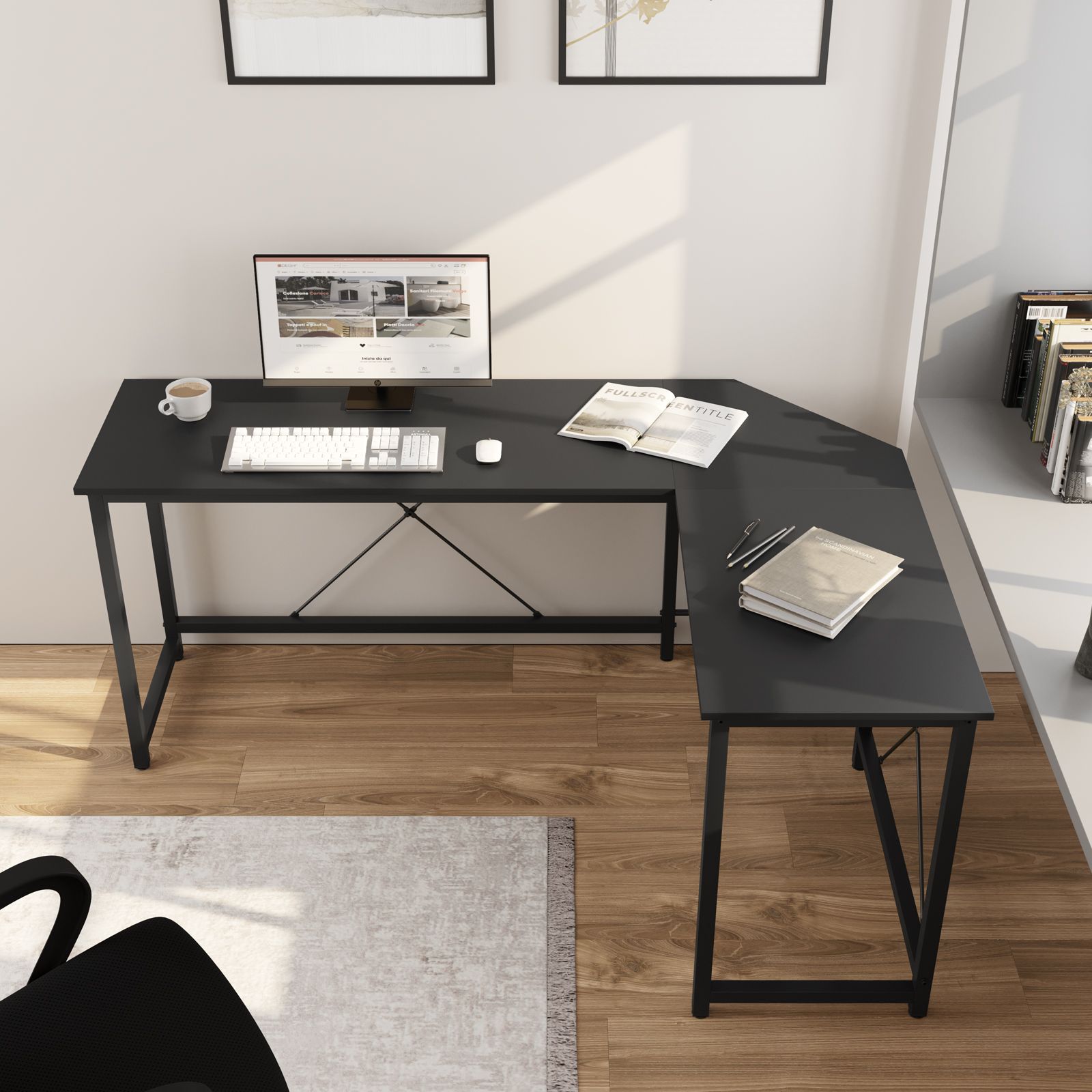 Zinus Scrivania Angolare A L In Metallo Nero, 135 Cm, Facile Montaggio Senza Bulloni, Per Home Office