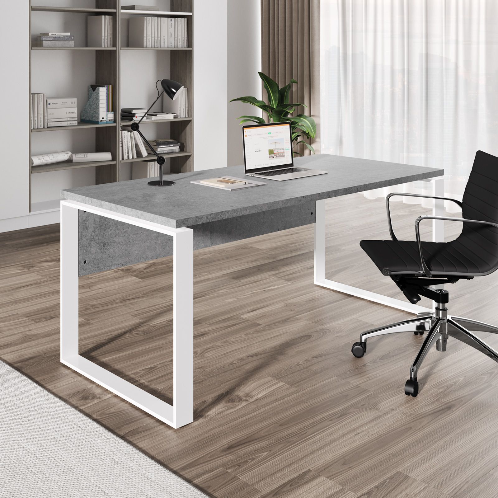 Scrivania 170x80 cm con top in legno grigio cemento da 30 mm e gambe in  metallo bianco - Homely office