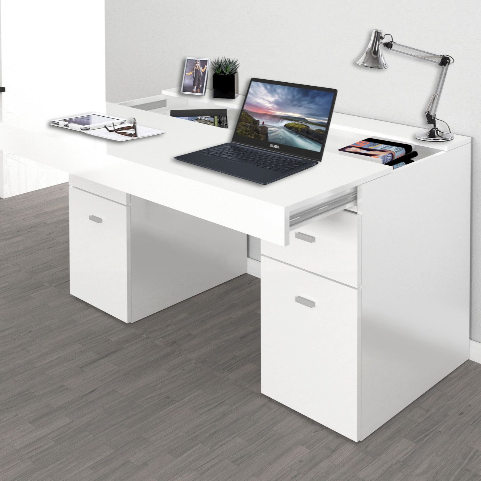 Scrivania 130x60 cm in legno bianco larice con piano scorrevole contenitore  e due mobili contenitori - Flowi