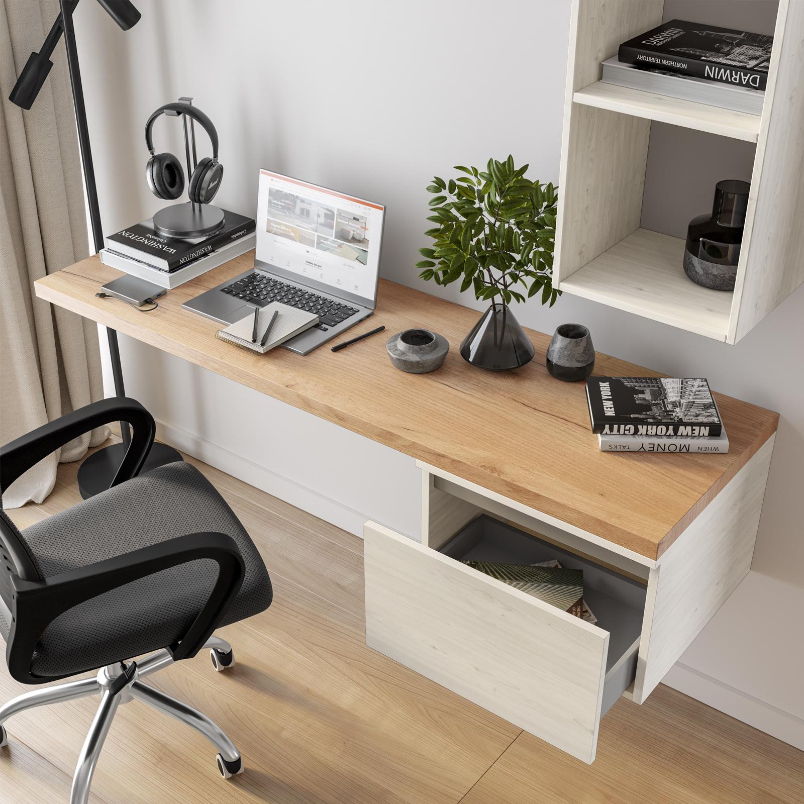 Scrivania sospesa 160-200x50 cm top 38 mm rovere gold e cassetto