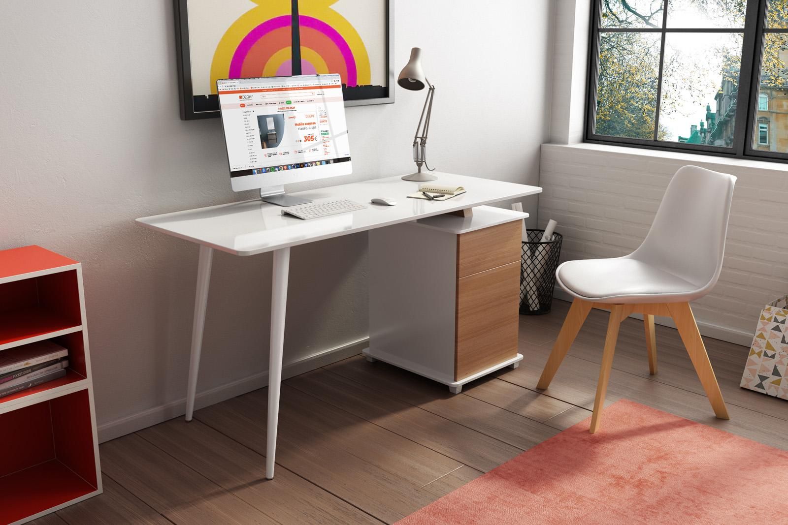 Scrivania ufficio 140x60 cm in legno bianco opaco con cassettiera integrata  in legno chiaro e gambe in acciaio - Fillmore