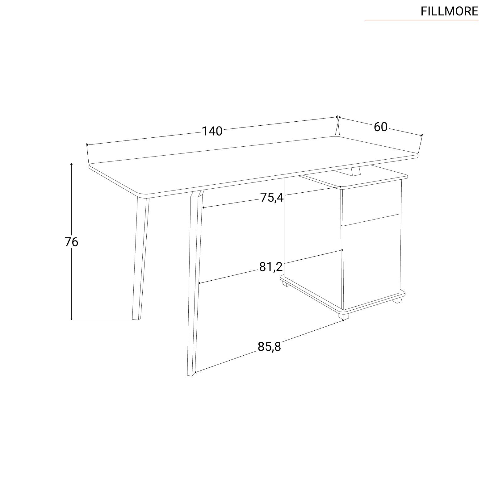 Scrivania ufficio 140x60 cm in legno bianco opaco con cassettiera integrata  in legno chiaro e gambe in acciaio - Fillmore