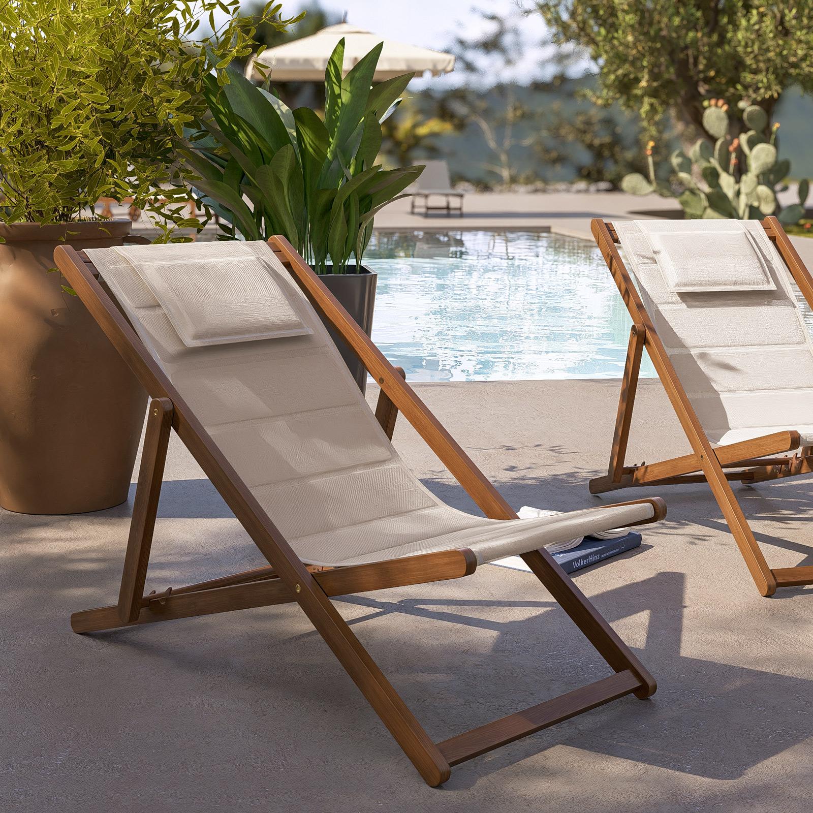 Sdraio da giardino pieghevole in legno di acacia e textilene ecrù