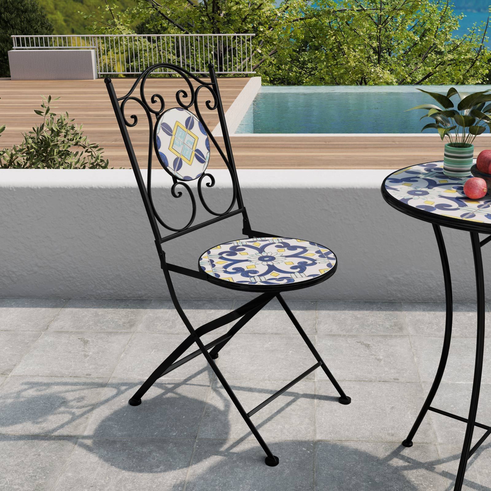 Set da giardino con tavolo e 2 sedie con decorazione mosaico a fiori blu -  Otranto