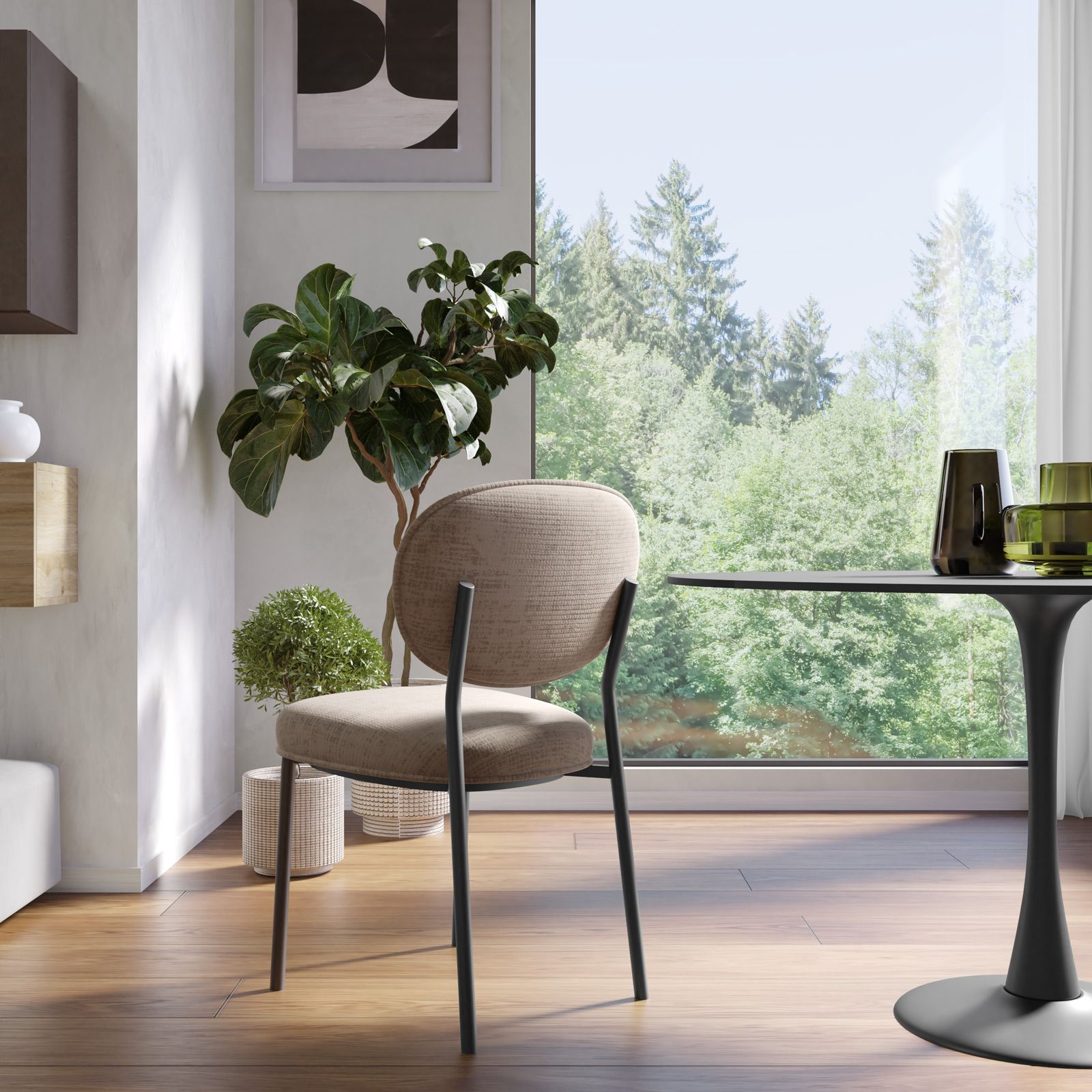 Sedia imbottita in tessuto di ciniglia tortora con gambe in