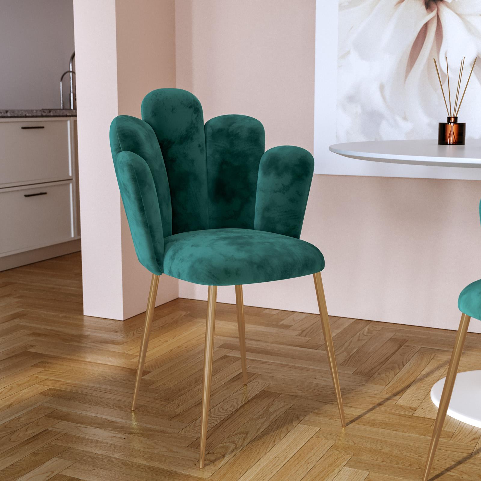 Sedia in velluto verde scuro con schienale a conchiglia e gambe in