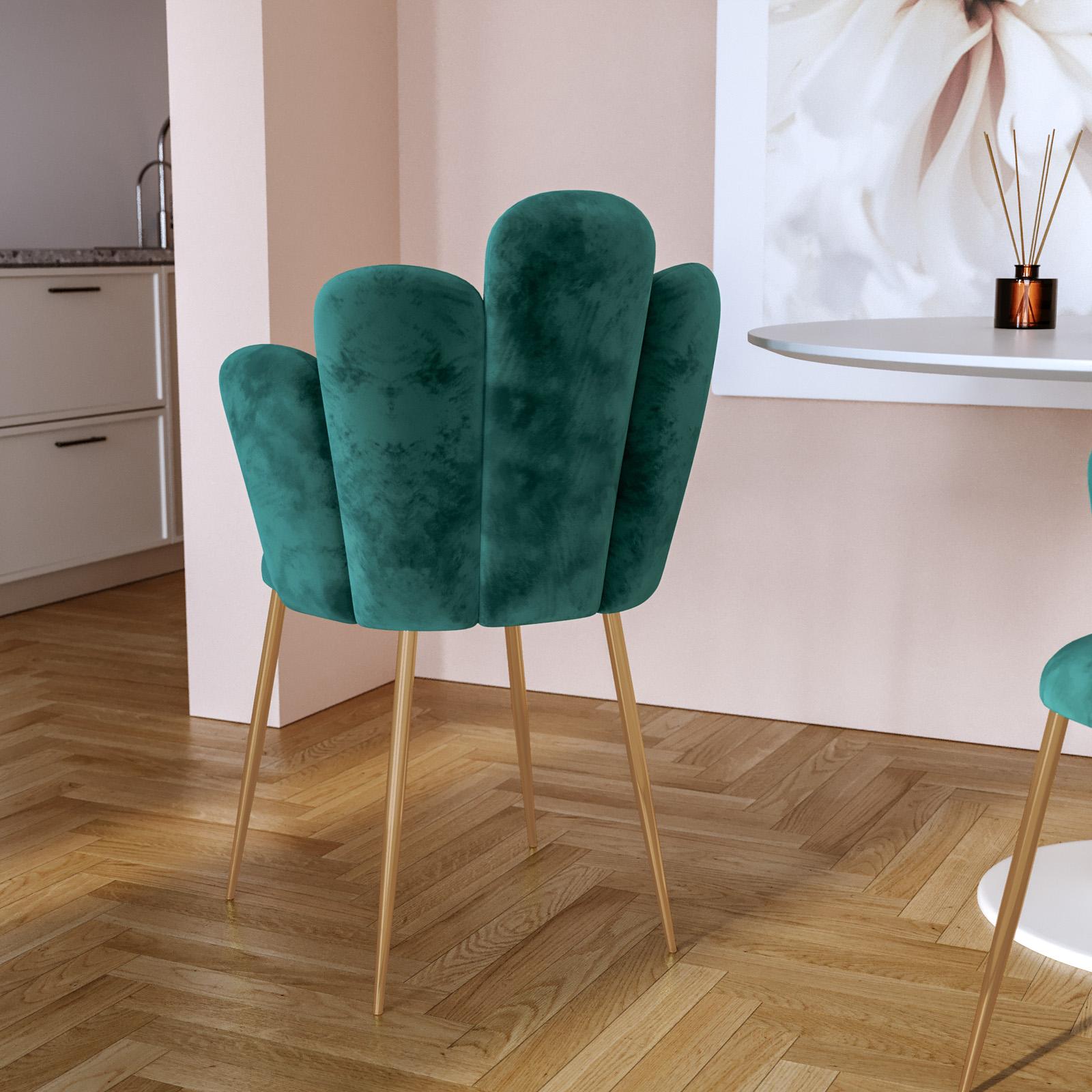 Sedia in velluto verde scuro con schienale a conchiglia e gambe in