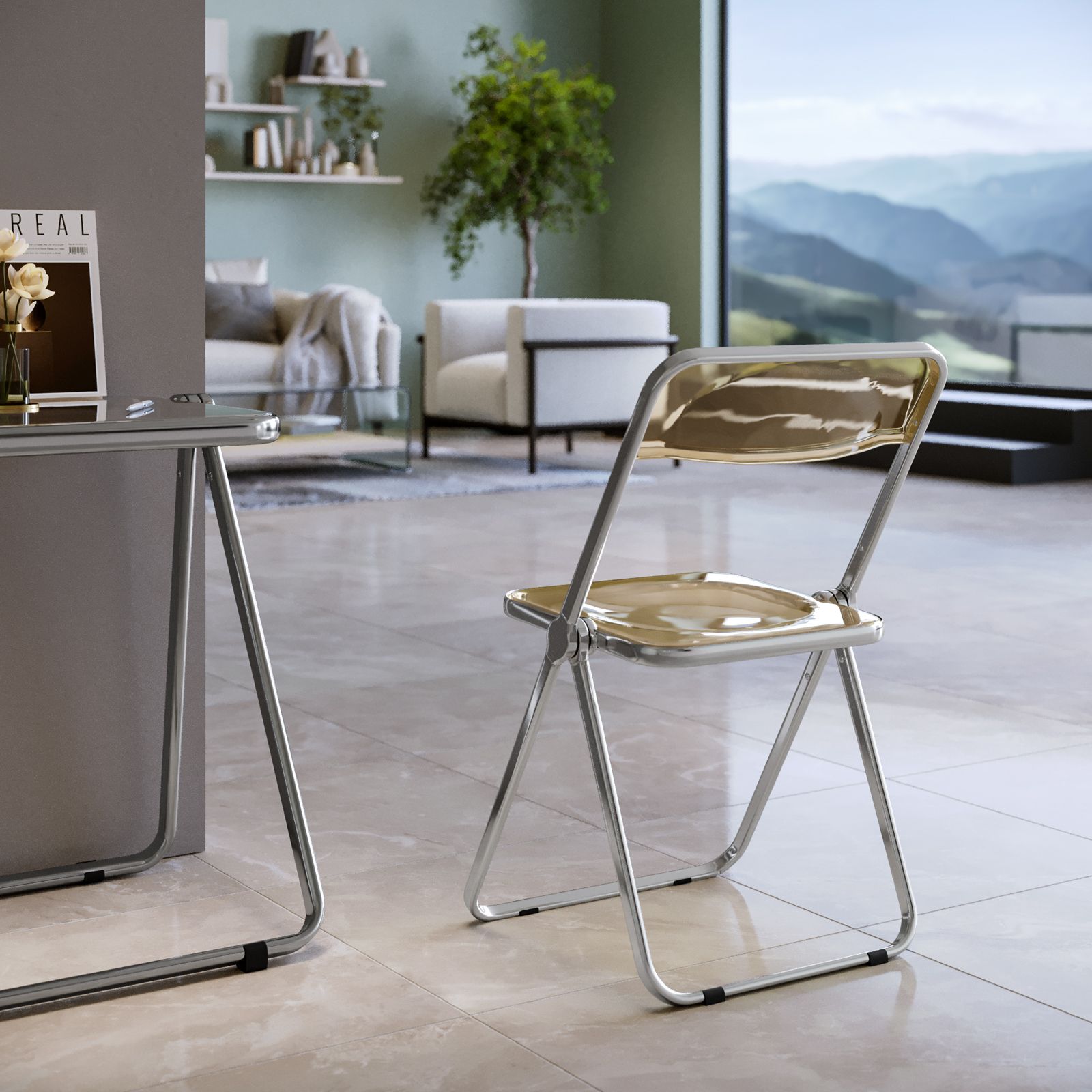 Sedia pieghevole in polietilene trasparente ambrato con struttura