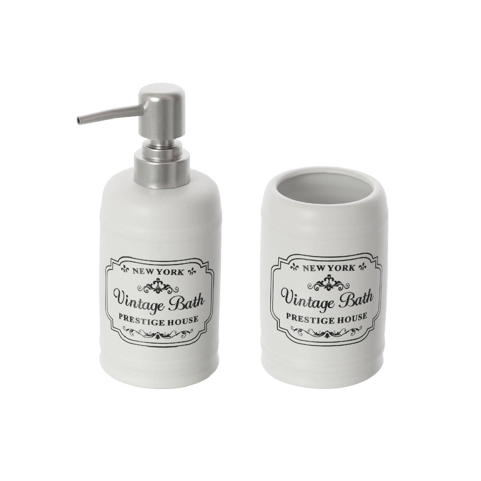 Set Accessori Da Bagno 4 Pz In Ceramica Dispenser Sapone Portaspazzolino  Bianco Design Moderno 