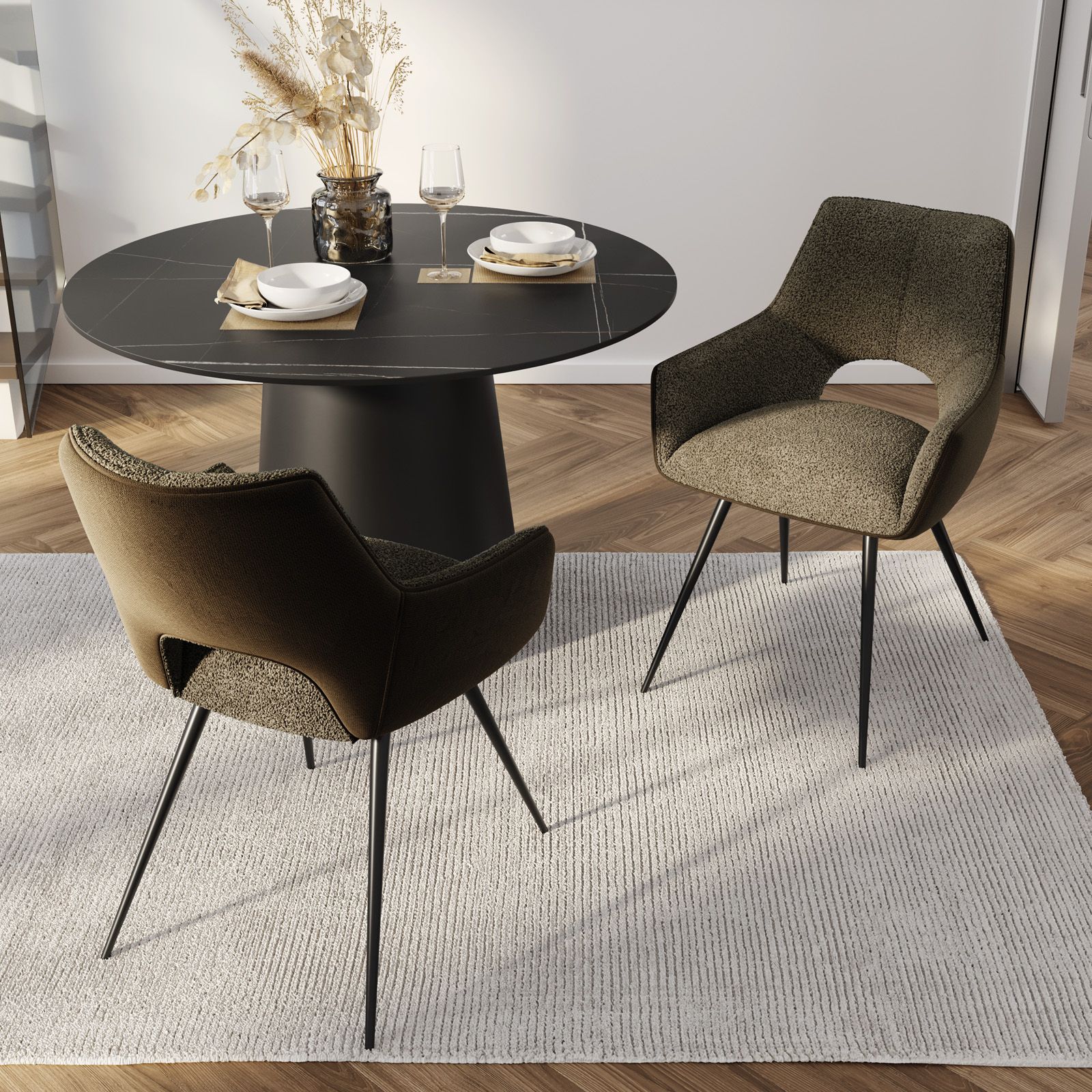 Set poltrone in tessuto verde scuro con gambe nere Talia