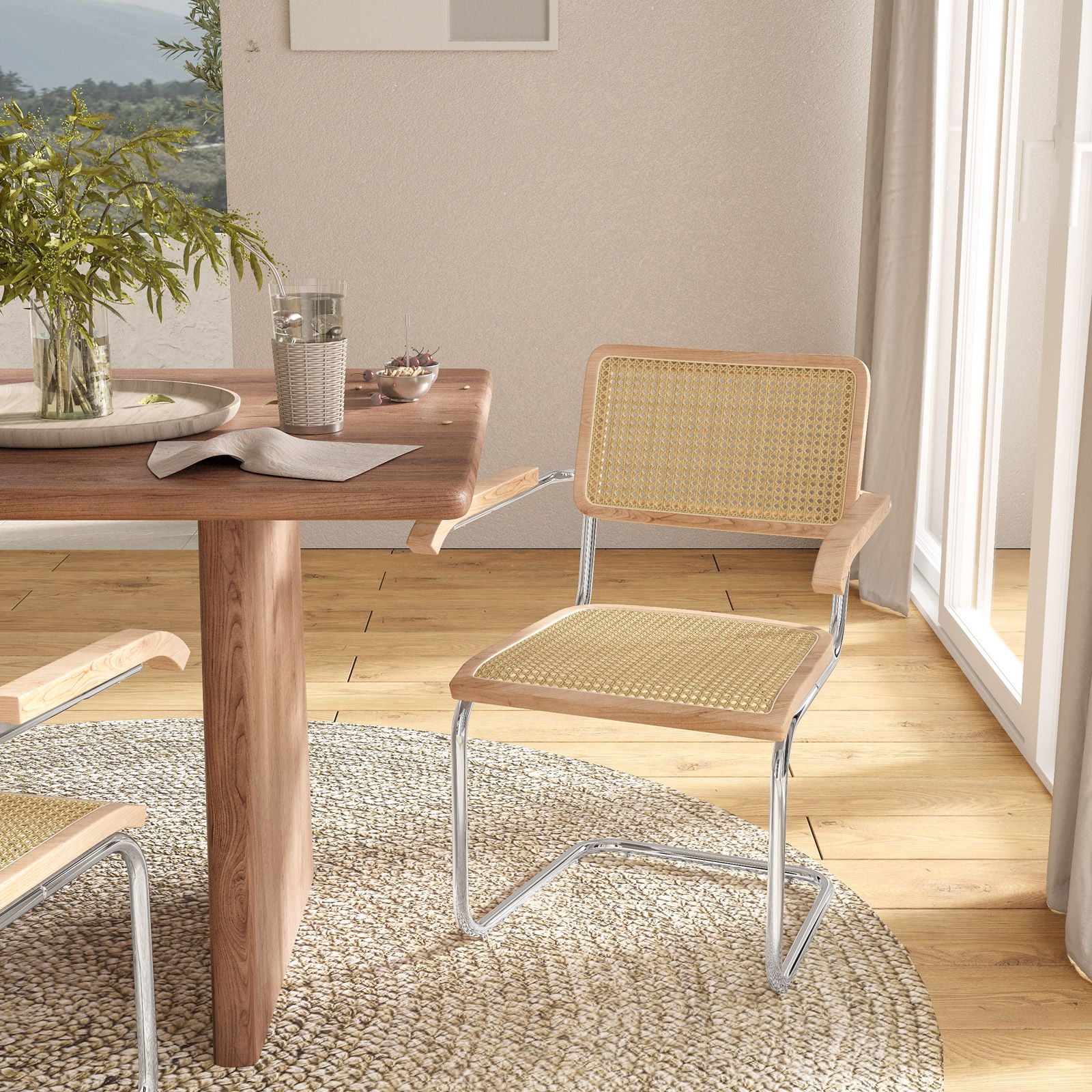 Set sedie con braccioli effetto rattan naturale e gambe cromo
