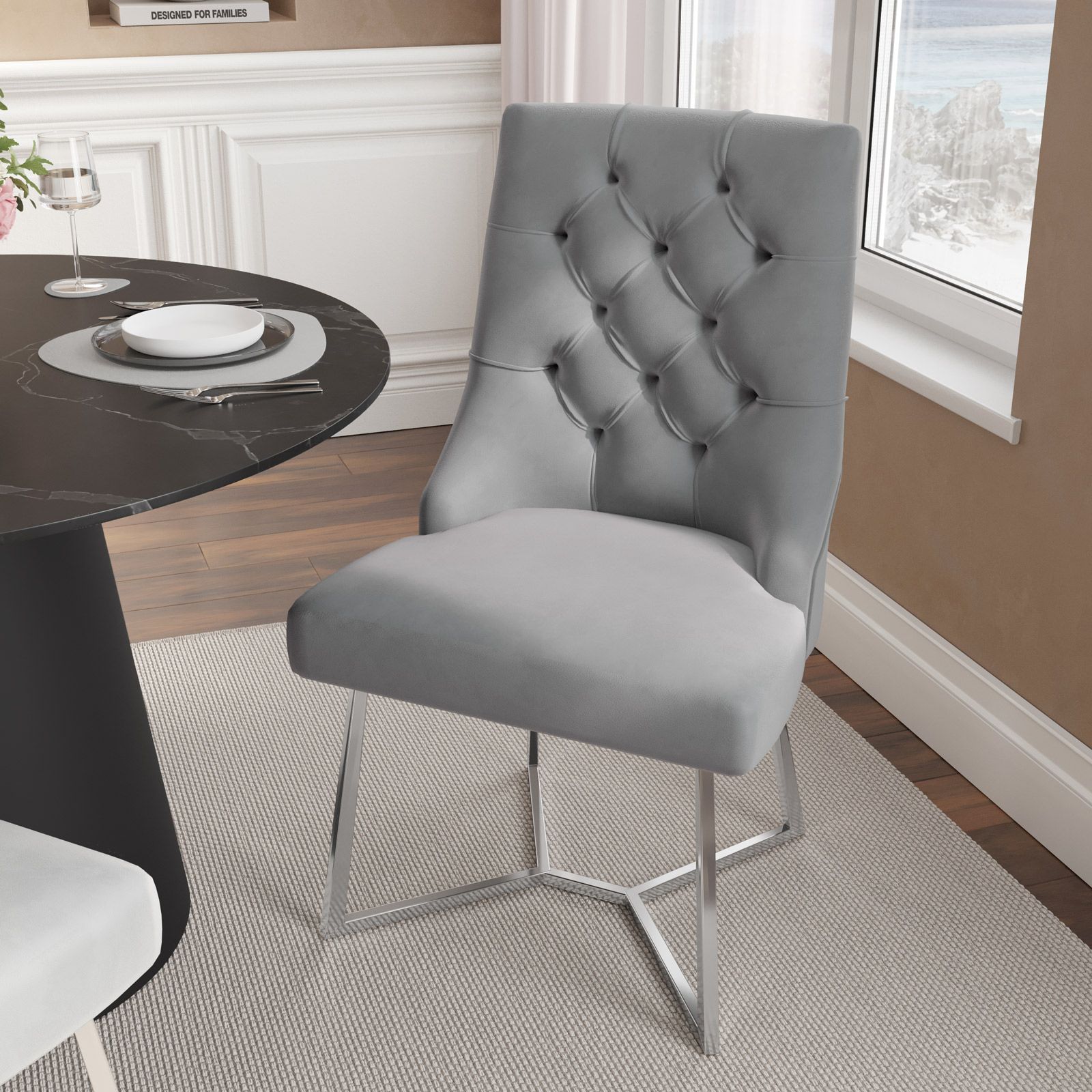Set di 2 sedie da pranzo senza braccioli - 55 x 47 x 85 cm - Gambe in velluto e metallo argentato - Beige | Leroy Merlin