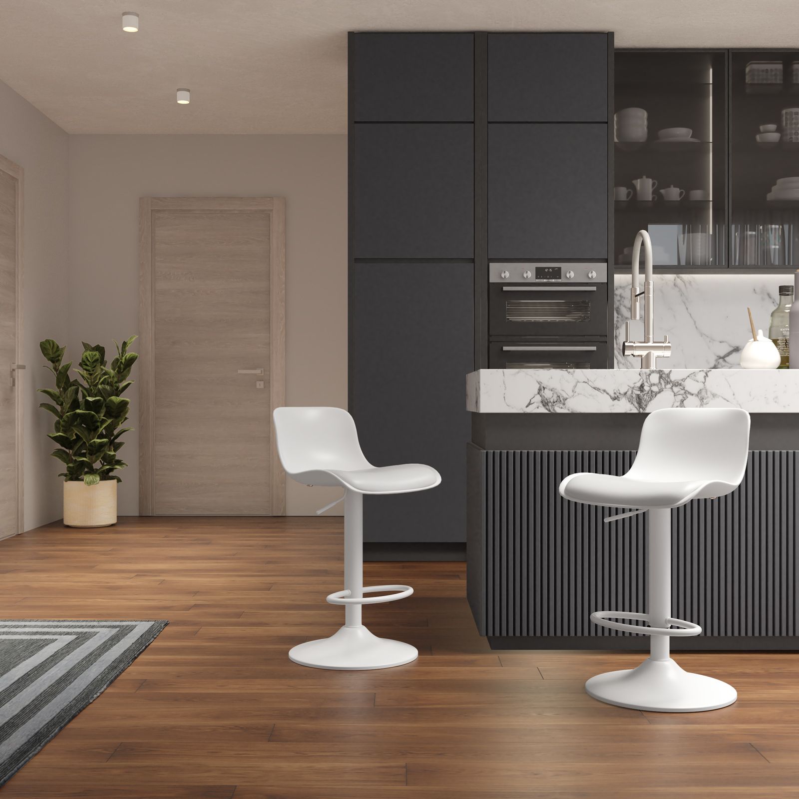 Set sgabelli in similpelle bianca con poggiapiedi e base in