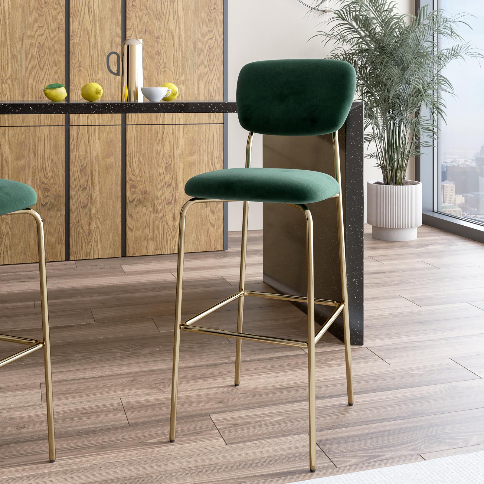 Set sgabelli in velluto verde bosco con gambe in metallo oro Perry