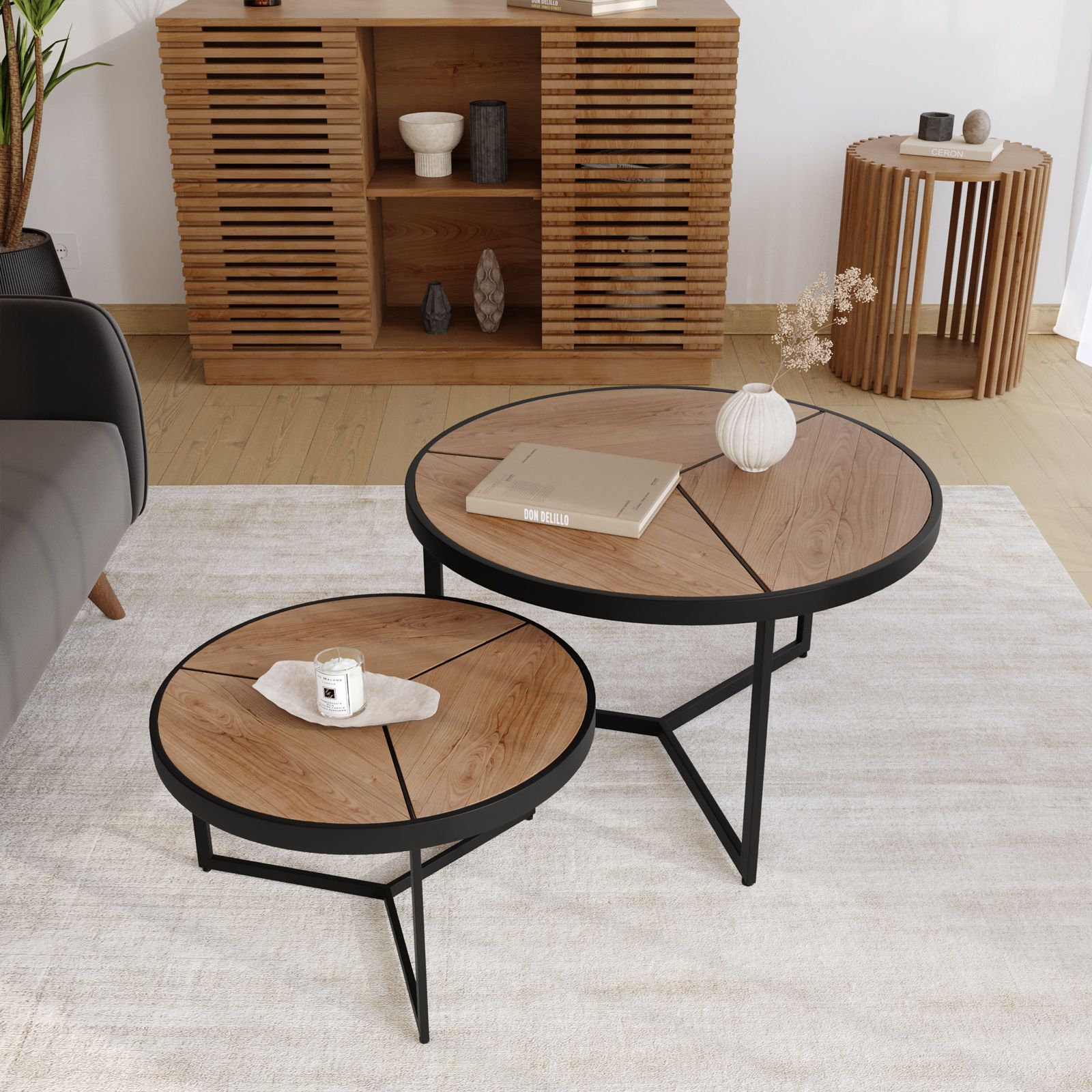 Set 2 tavolini tondi 50 cm e 70 cm in legno di mango effetto noce e metallo  - Label