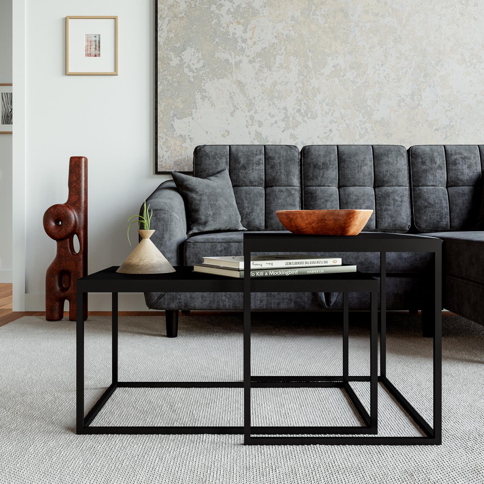 Set Di 2 Tavolini Esagonali In Metallo E Legno - Struttura Nera Con Piano Rovere - Moderni E Multifunzionali - Foto 5