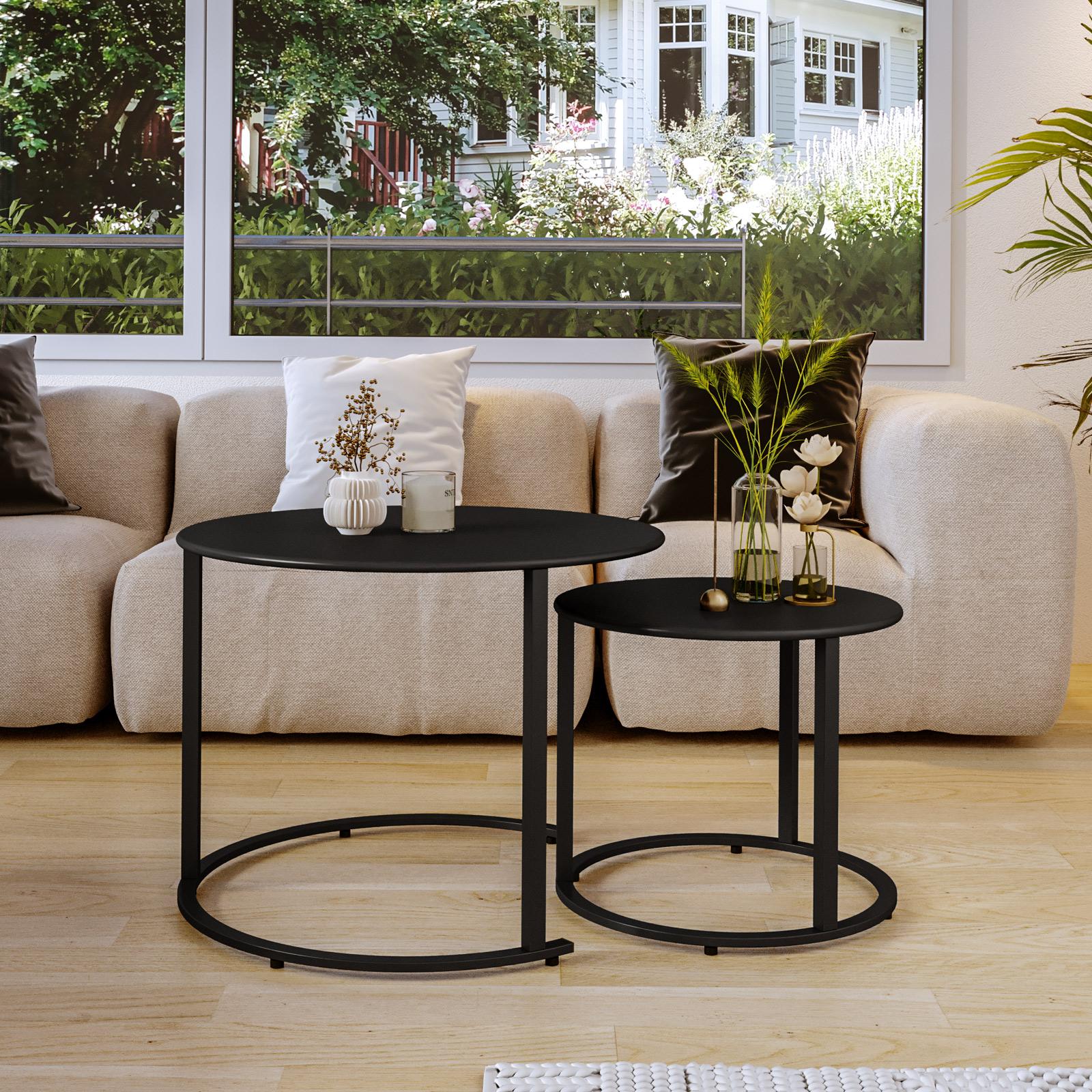 Set Di 2 Tavolini Rotondi In Metallo Nero | Stile Retrò Con Colonna Intagliata | Comodino O Tavolino Da Caffè
