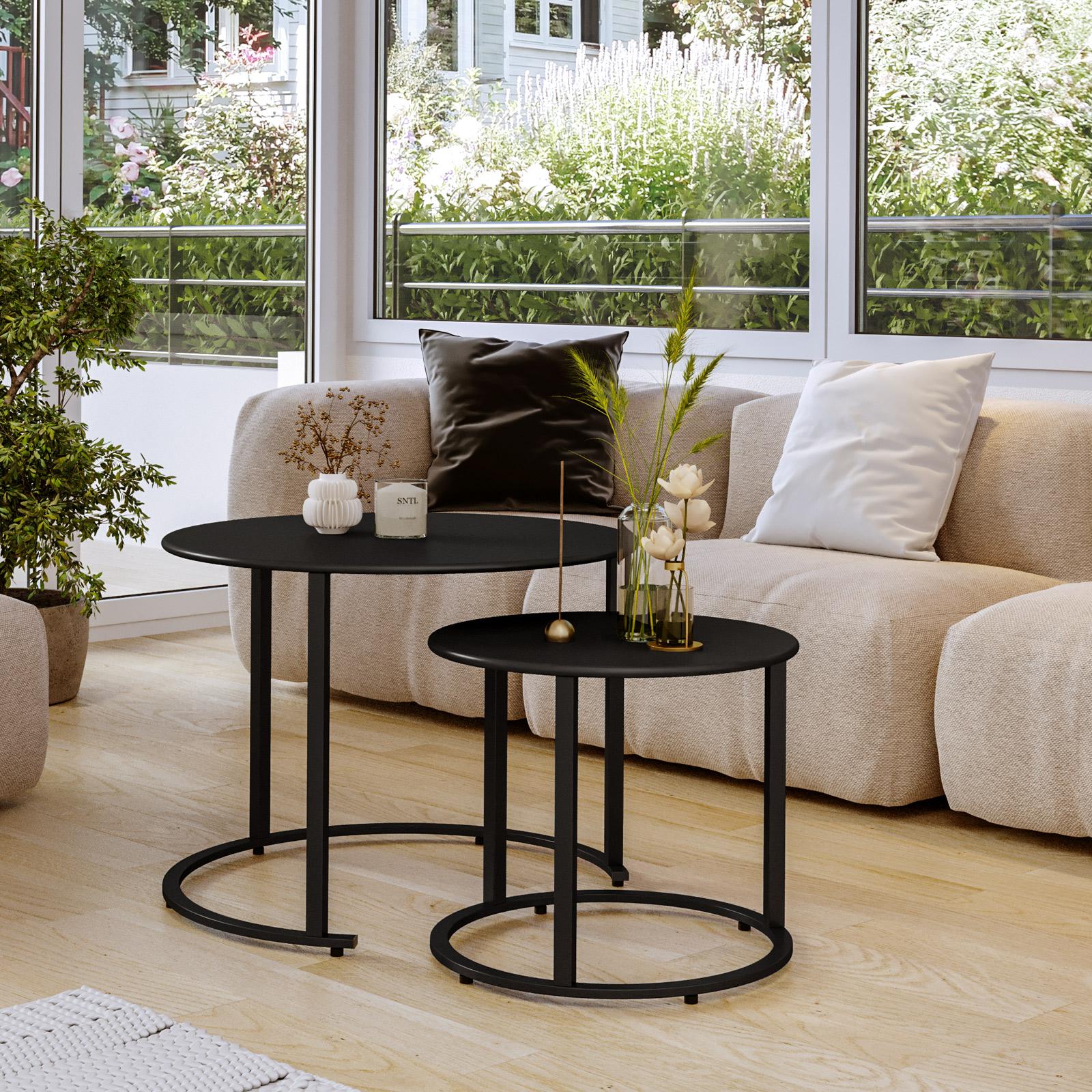 Set di tavolini da caffè rotondi a incastro in legno grigio e metallo nero, tavolo da salotto morno allungabile 80 cm｜Homary