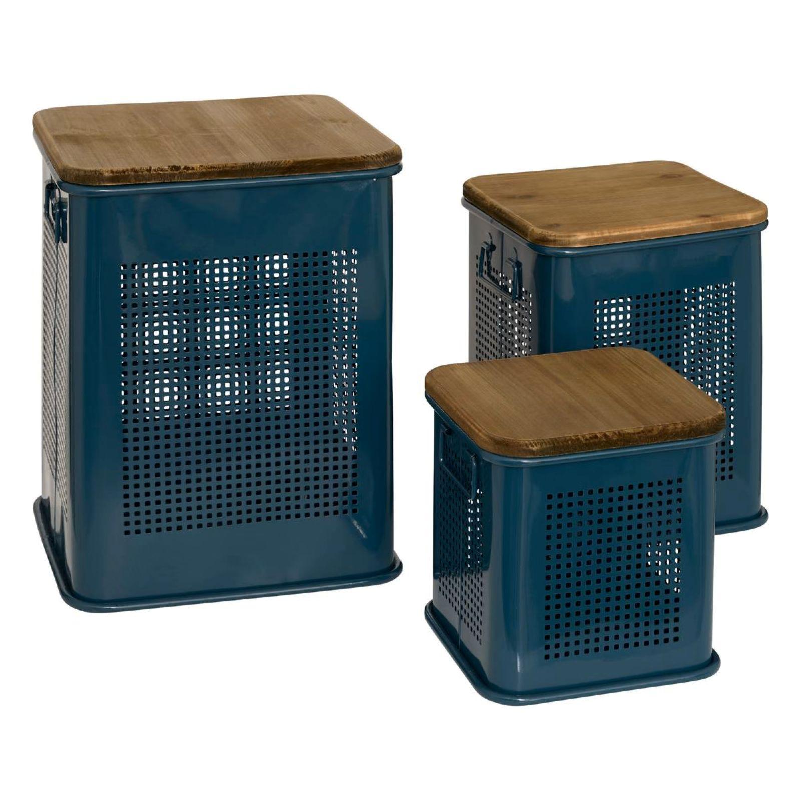 Set Da 3 Contenitori In Metallo Per Lavanderia Con Coperchio, Palette Ed Etichette - Organizer Detersivi