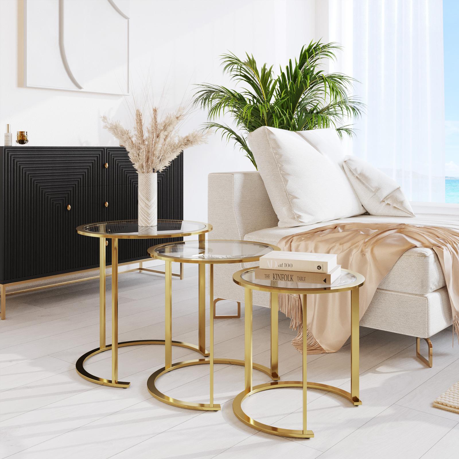 Set Di 3 Tavolini Sovrapponibili Rotondi In Stile Industrial - Design Moderno Con Piano In Legno E Struttura Acciaio - Naturale - Foto 11