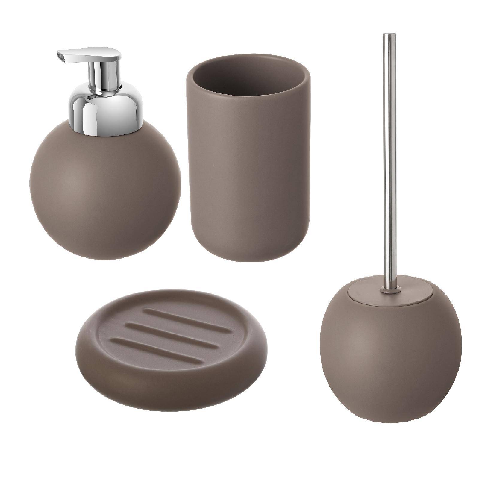 Set accessori bagno da appoggio dispenser e porta spazzolini in ceramica  tortora