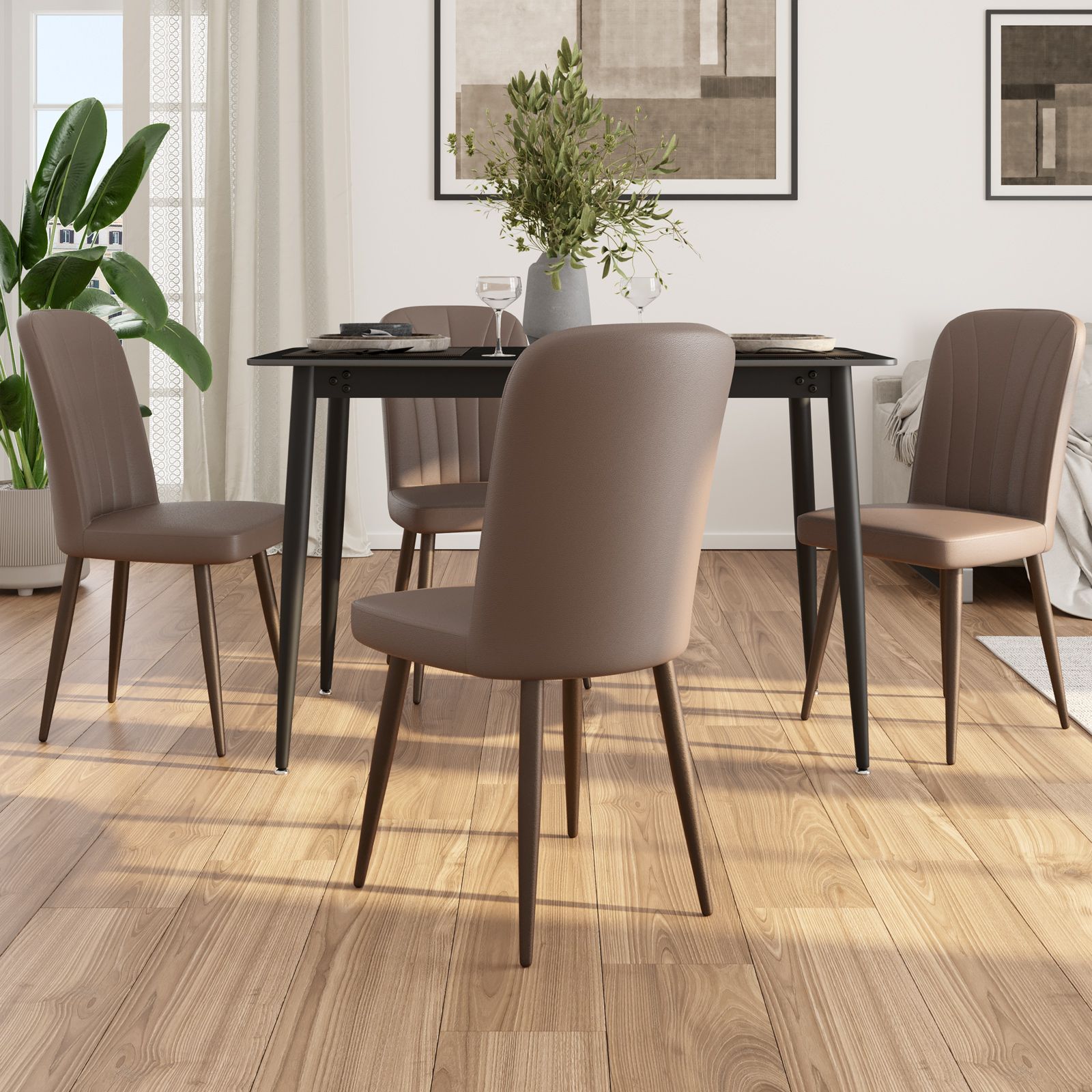 COLAMY Set di 6 sedie da pranzo imbottite, in tessuto moderno, per sala da pranzo, cucina, con seduta imbottita e gambe in legno, per ristorante/caffè, marrone chiaro
