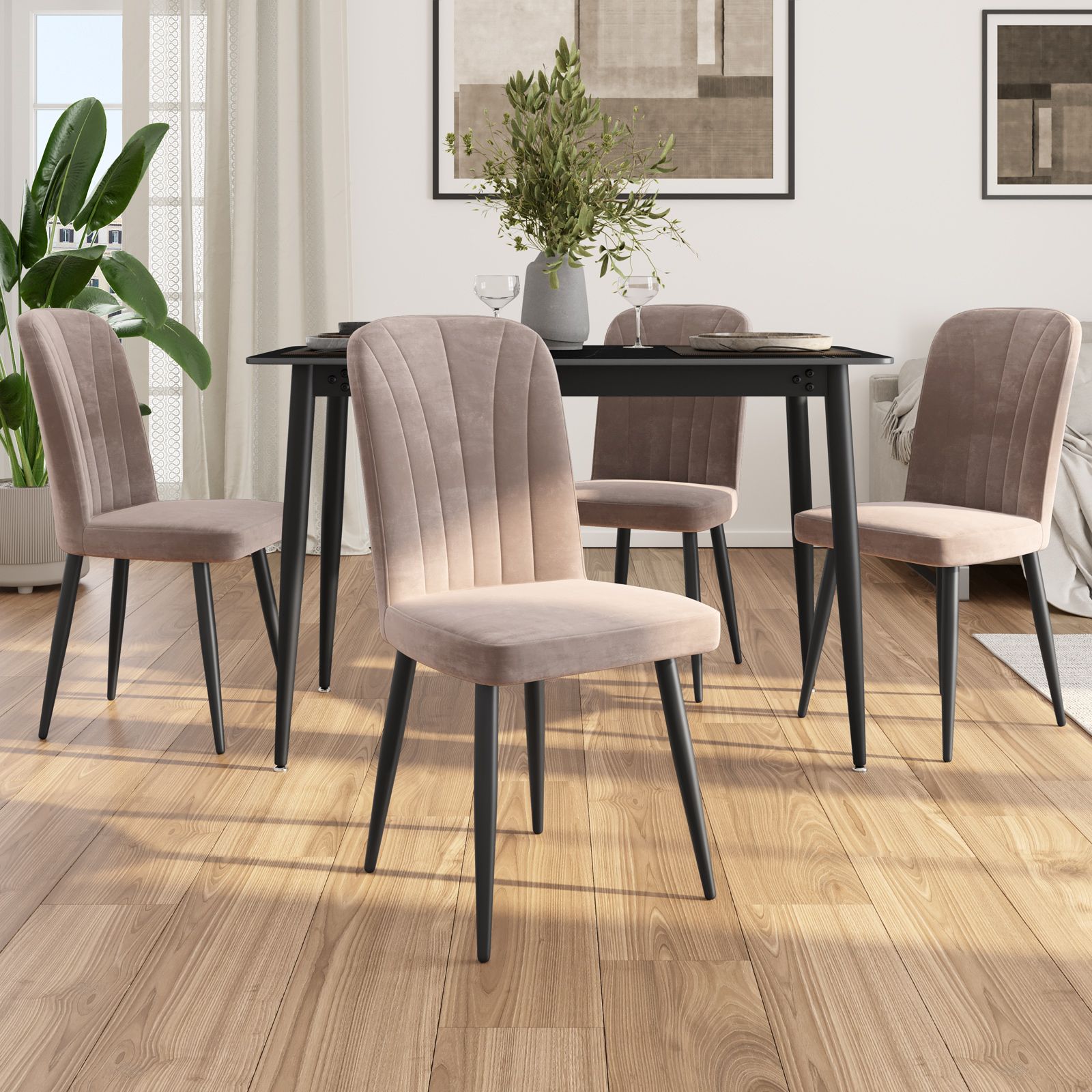 Set Di 4 Sedie Da Pranzo Giverny In Velluto – Eleganti, Imbottite E Robuste, Colore Crema