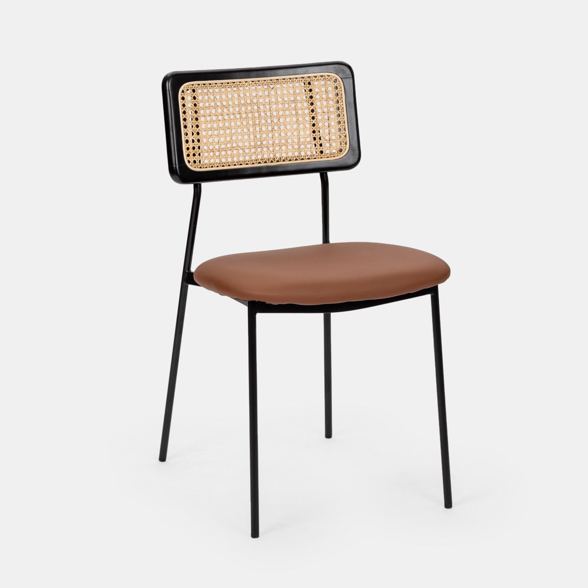 Set 4 sedie in similpelle marrone con schienale in rattan e gambe in  metallo - Amira