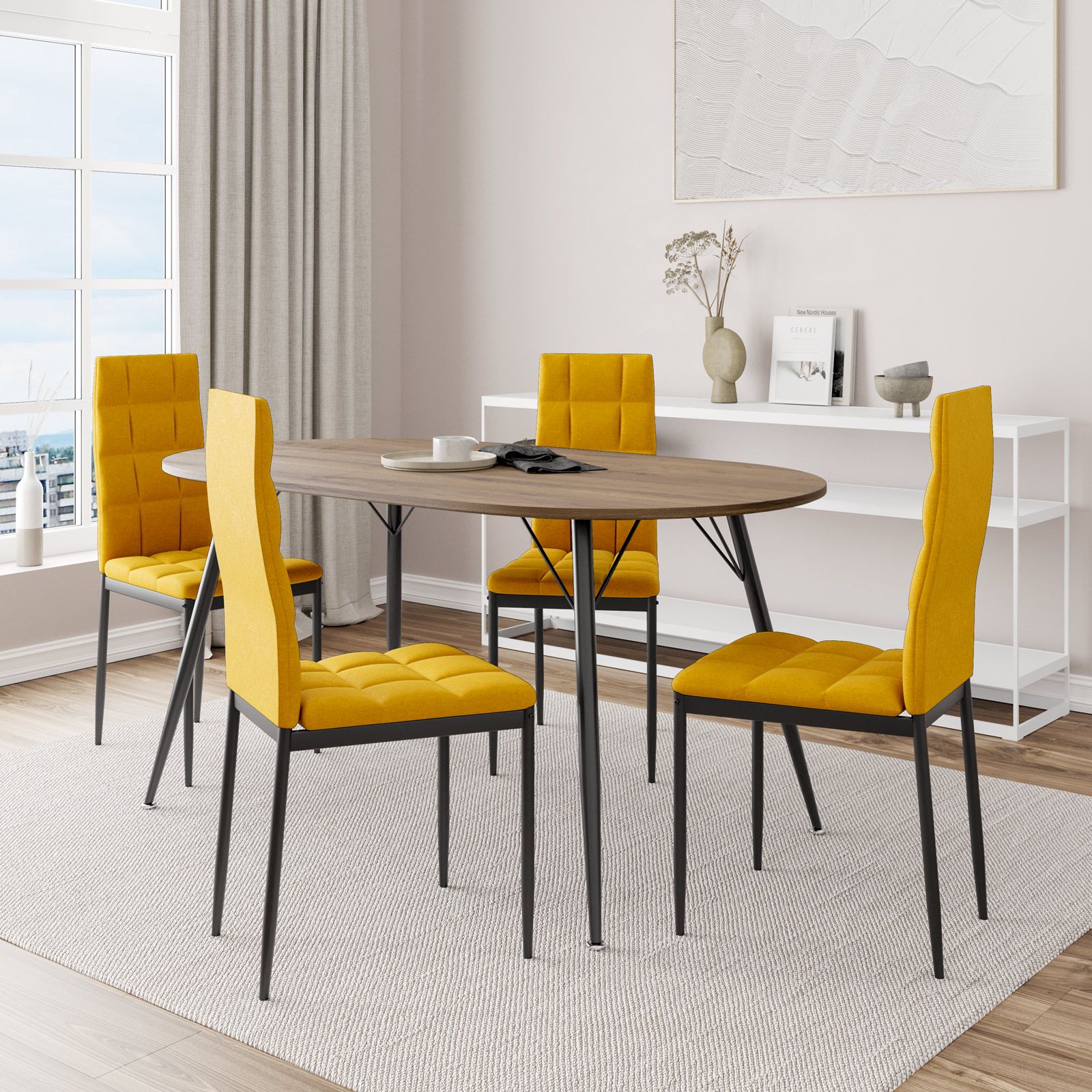 Set 4 sedie in tessuto giallo con gambe in metallo nere - Sworty