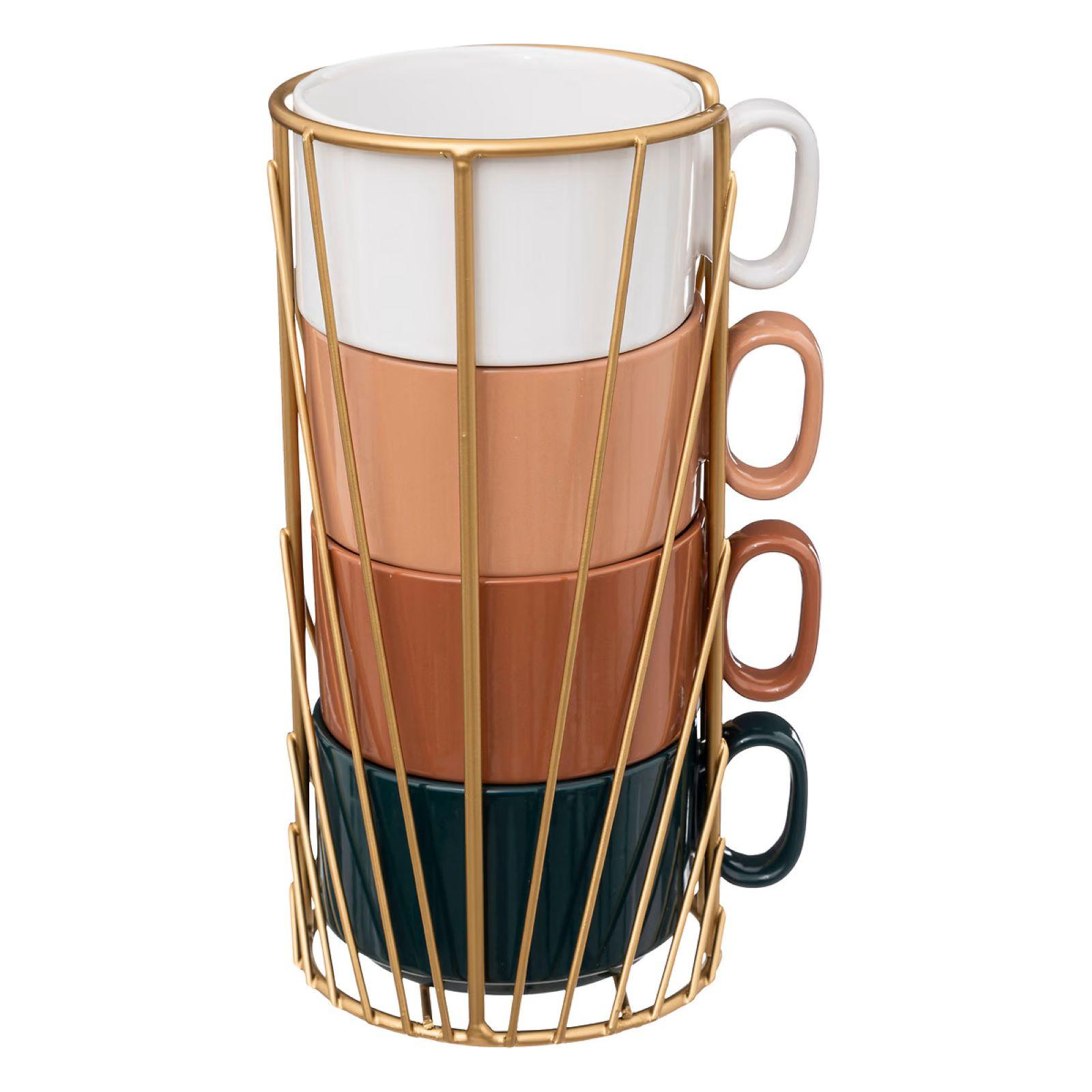 Set 4 Tazze In Ceramica Geometric Line Relief 320ml - Colori Giallo E Rosso Corallo